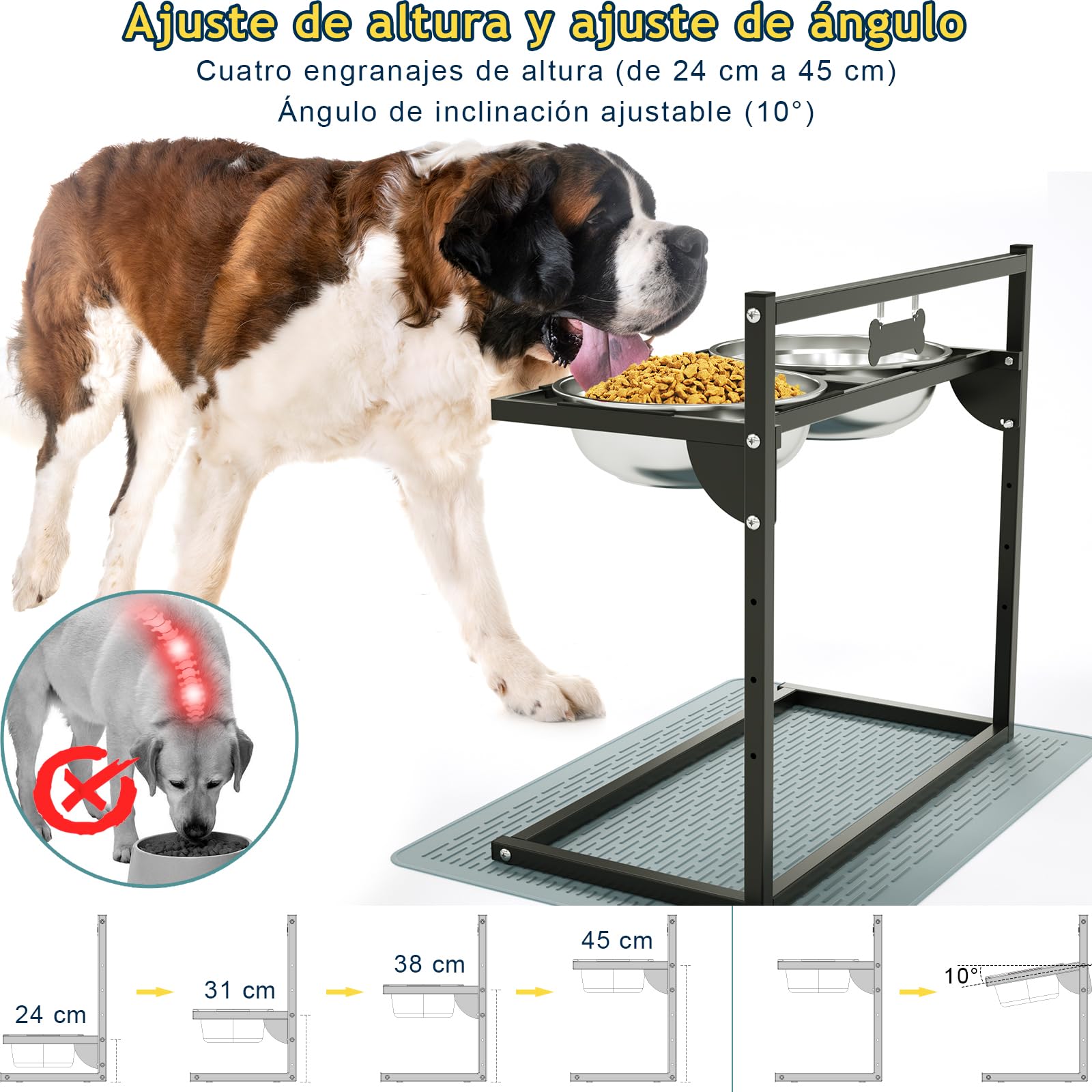Comederos Elevados para Perros con 4 Alturas Ajustables e Inclinación de 10°, 2 Boles de Acero Inoxidable (3L x 2) y Alfombra Antiderrames, Perros de Raza Gigante, Grande y Mediano