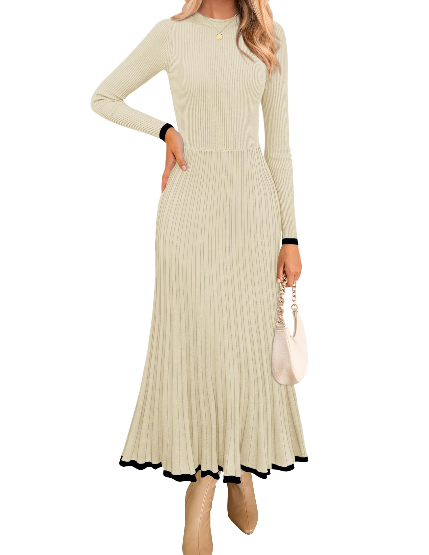 ZESICA Women's Long Sleeve Sweater Dress Fall 2025 Crewneck Ribbed Knit Pleated A-Line Maxi Wedding Guest Dresses, Apricot, M