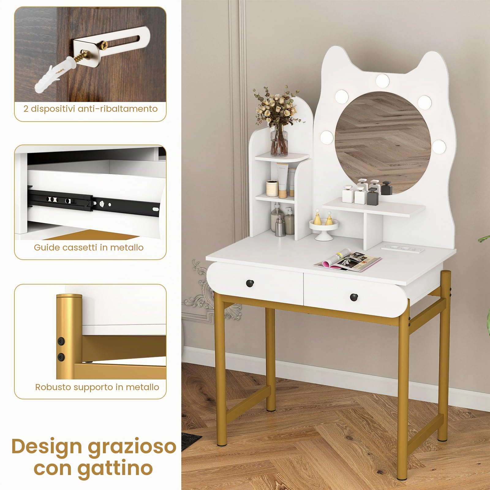 HOMASIS Toeletta Trucco a Forma di Gatto con Luci Regolabile su Tre Livelli, Postazione Trucco Salvaspazio con 3 Ripiani e 2 Cassetti, Consolle Make Up con Stazione di Ricarica (Bianco)