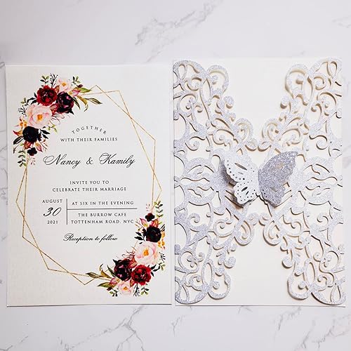 Miniatura 2 de 20 tarjetas de invitación de boda de mariposa cortadas con láser plateadas de 5 x 7.3 pulgadas con sobres para quinceañera, despedida de soltera,