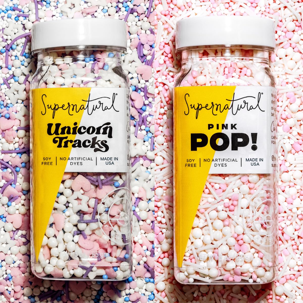 Unicorn Tracks & Pink Pop! Natural Confetti Sprinkle Set by Supernatural, No Artificial Dyes, Soy Free, Gluten Free, Vegan, 3oz (Pack of 2)