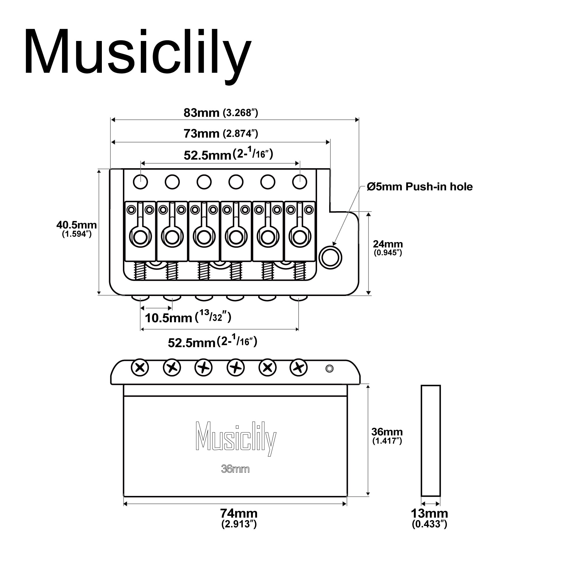 Musiclily Ultra 52,5mm Puente Trémolo 6 Tornillos Filo Navaja de Latón Macizo con Bloque 36mm para Guitarra Eléctrica tipo Strat, Nickel