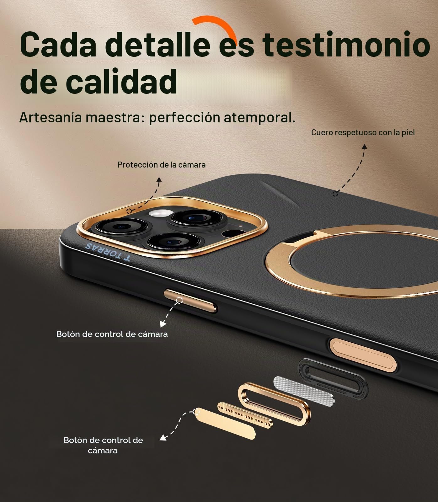 TORRAS Ostand Q3 VegSkin - Funda para iPhone 16 Pro Max (piel de silicona sostenible) (soporte magnético invisible 360°), tacto premium, duradera, funda iPhone 16 Pro Max Case noble estructura de piel