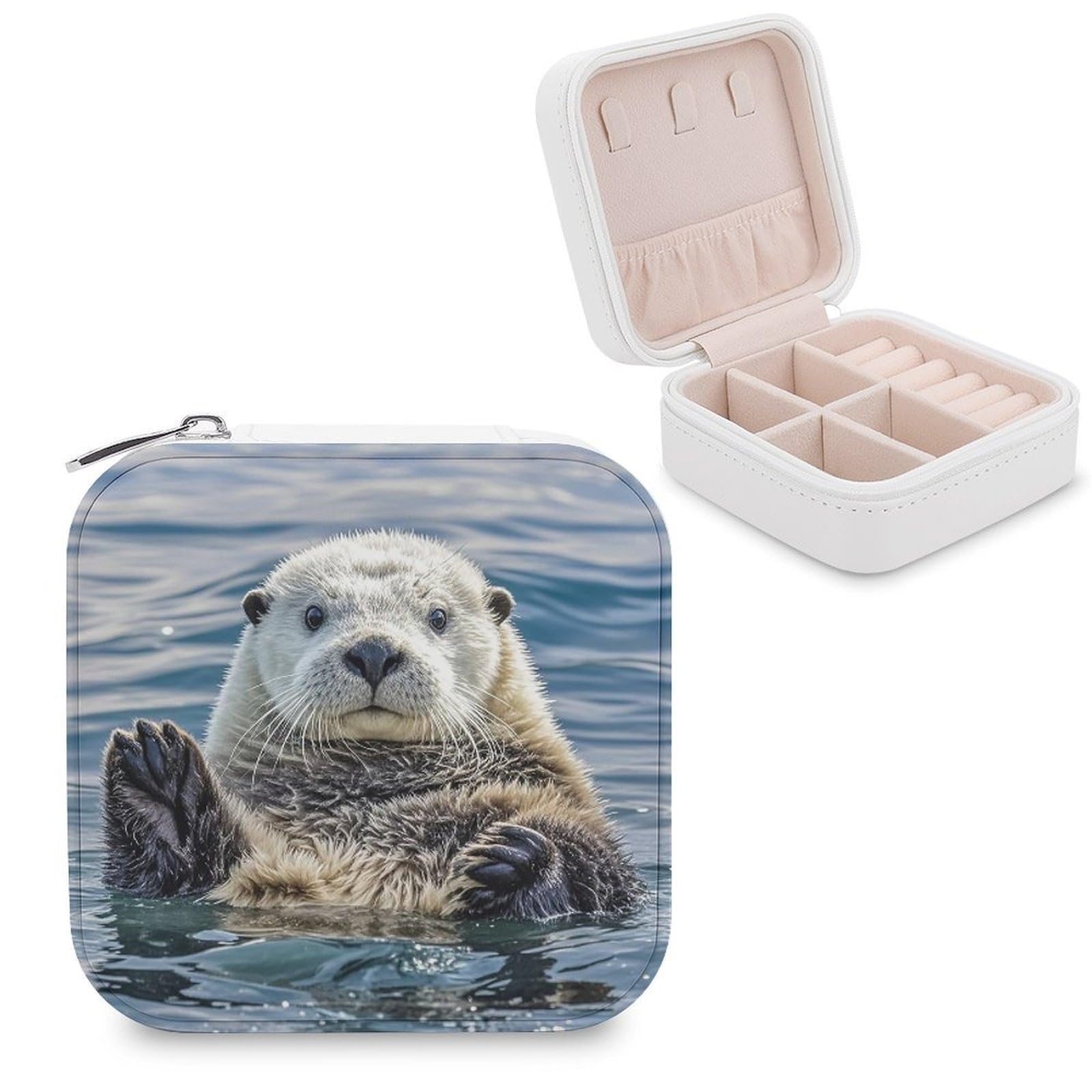 FekiLoot Sea Otter Jewelry Case Personalized Leather Jewelry Box Mini Travel Jewelry Case Small Portable Jewelry Organizer for Ring Earrings Necklace Bracelet