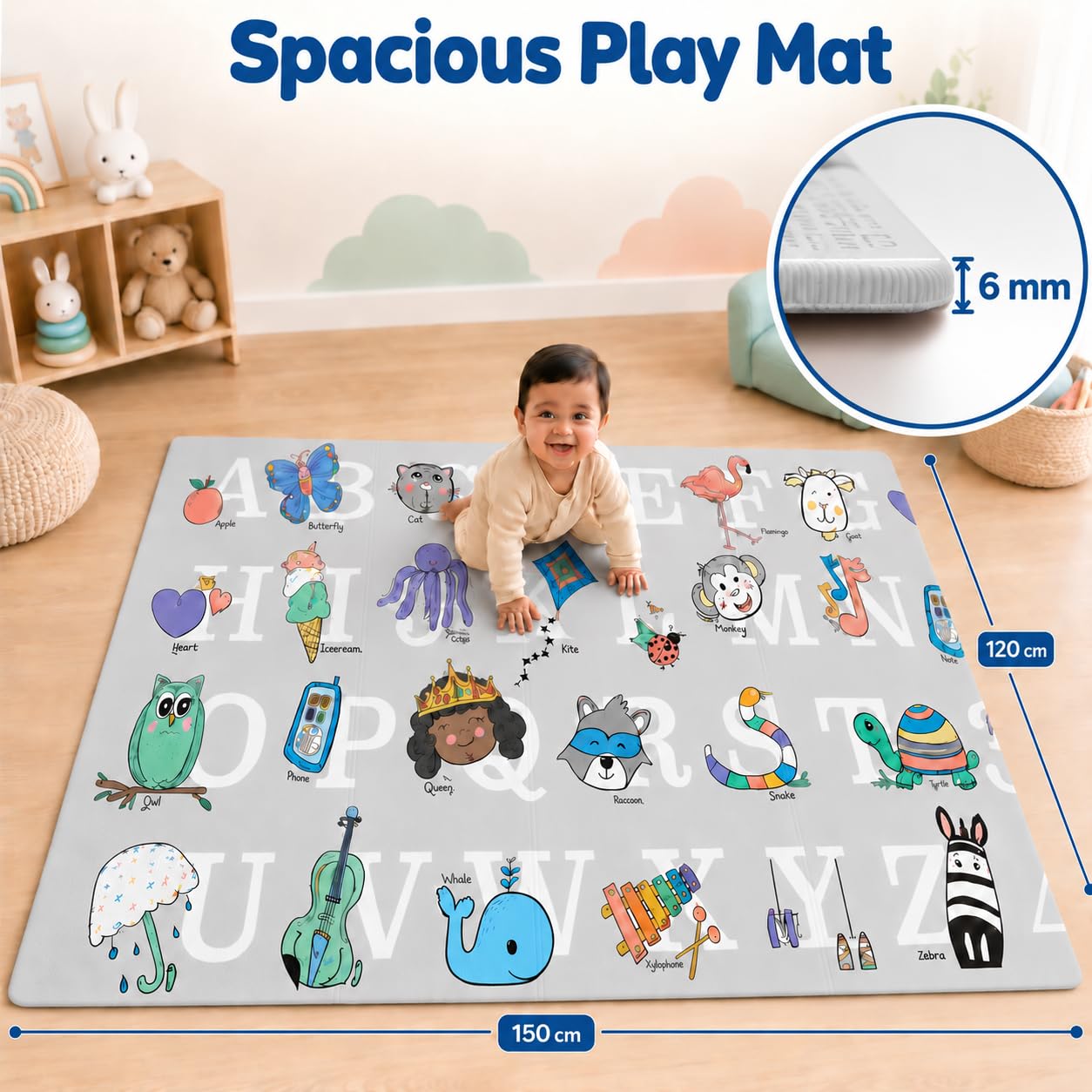 Lifelong Cuppy Alphabet Junior Baby Play Mat | Waterproof Mat for Crawling & Playing | Travel Friendly, Soft Indoor, Outdoor Usage Yoga Mat | Non Toxic with Animal Alphabet Theme (4.92x3.94x0.02ft) — Amazon image 8
