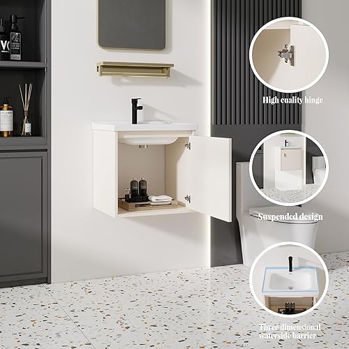 Miniatura 161 de Tocador de baño de 20 pulgadas con lavabo de cerámica, tocador de baño pequeño montado en la pared con puerta de cierre suave, gabinete flotante