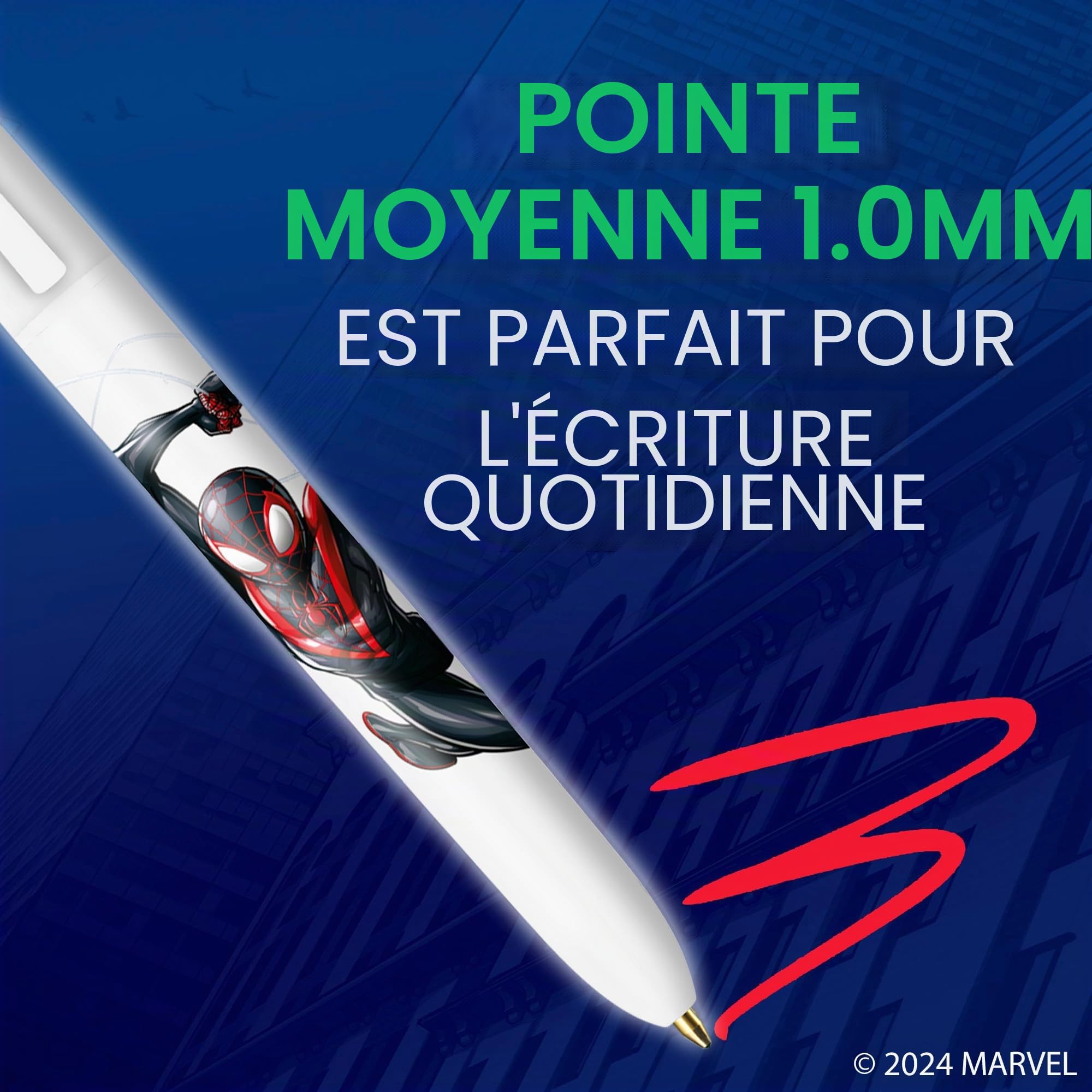 BIC Lot de 3 stylos à bille rétractables 4 couleurs avec thème Spider-Man de Marvel, pointe moyenne polyvalente, encre assortie