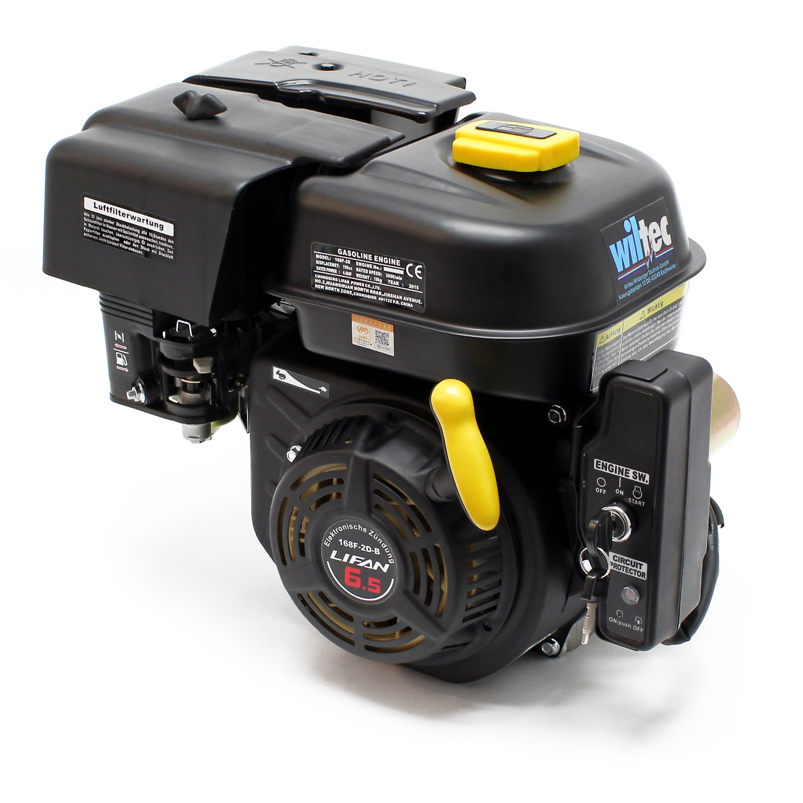 Wiltec LIFAN 168 F-​2B Moteur essence – 380 x 360 x 260 mm – 4,​8 kW (6,​5 CV) – 196 ccm – 4 temps, Ø arbre 20 mm – capacité 3,​6 L – OHV – Refroidi par air – Monocylindre Lanceur électrique – Kart Jardin