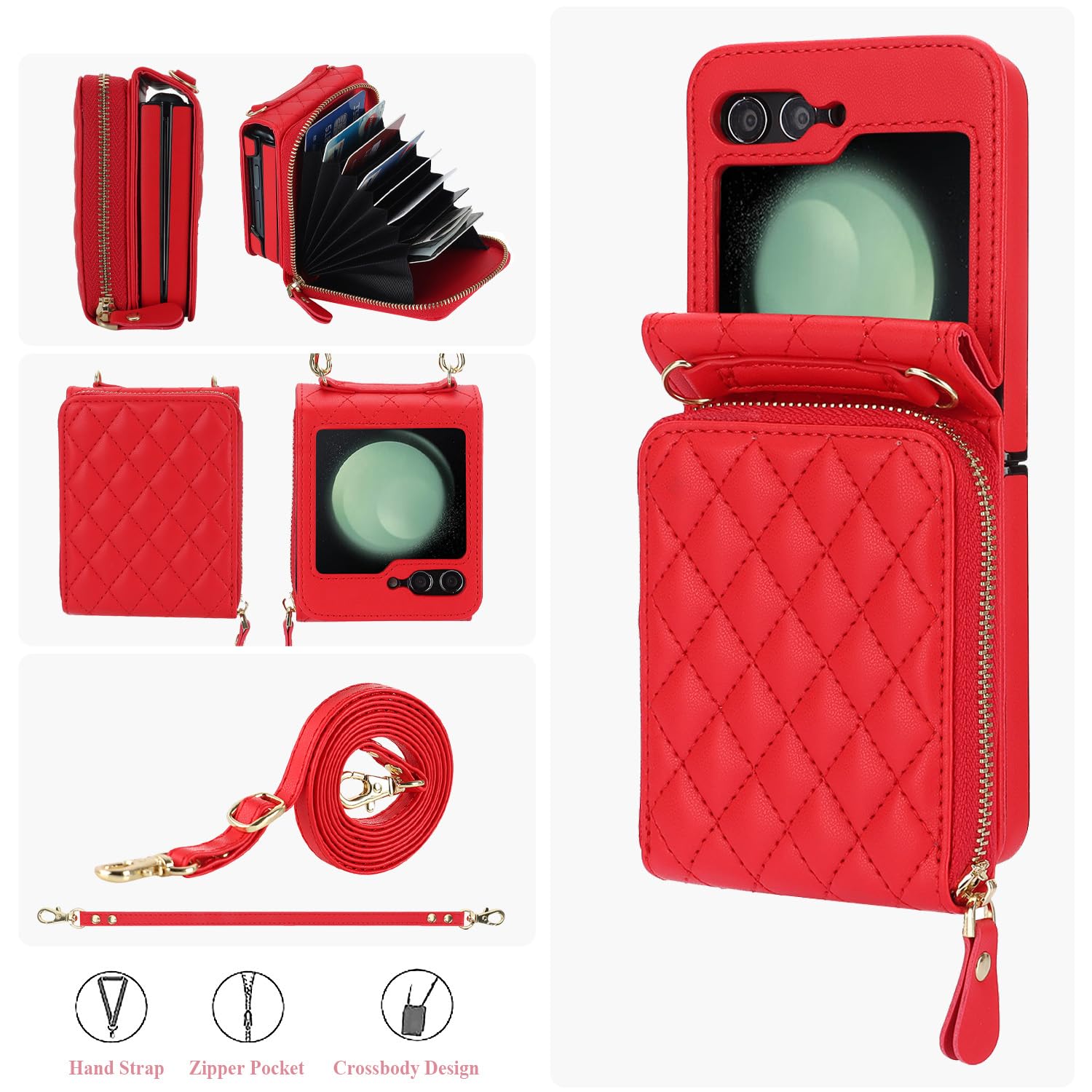 XIZYO for Samusng Galaxy Z Flip 5 Case, Wallet Crossbody Cute Case with Card Holder Slot, Zipper Handbag Strap Lanyard Wrist Leather Case for Women Girl Shockproof Bumper Cover, Red