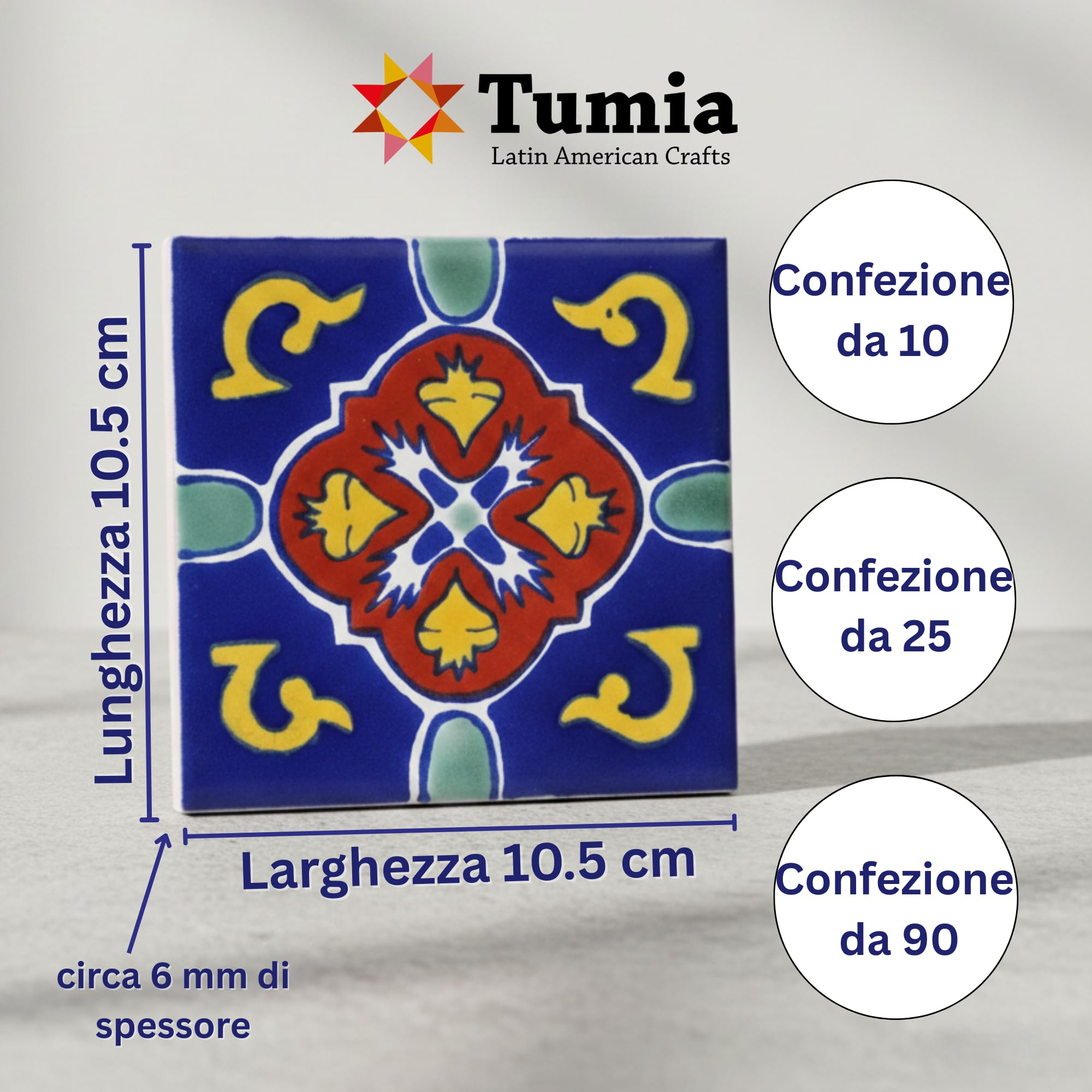 Tumia LAC Piastrelle Ceramica Messicane Talavera - Domingo Artigianali Piastrelle Cucina, Bagno, Sottopentola e Fai-da-Te, Decorativo stile Mediterraneo - Pacco da 25