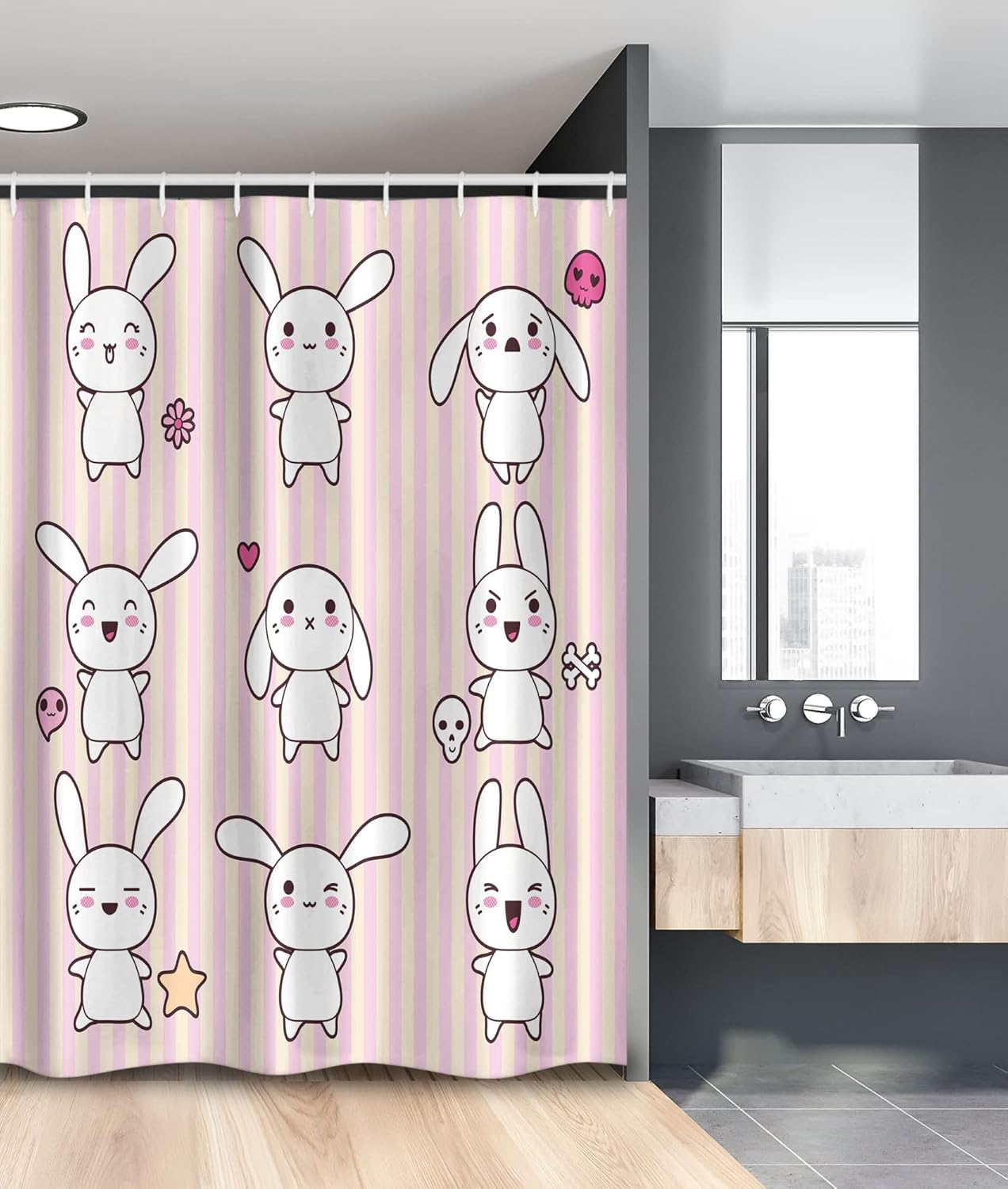 Ambesonne Rabbit Stall Shower Curtain, Bunny Rabbit with Skull Flower Star on Striped Display Girls Print, Fabric Bathroom Decor Set with Hooks, 54" W x 78" L, White and Pink