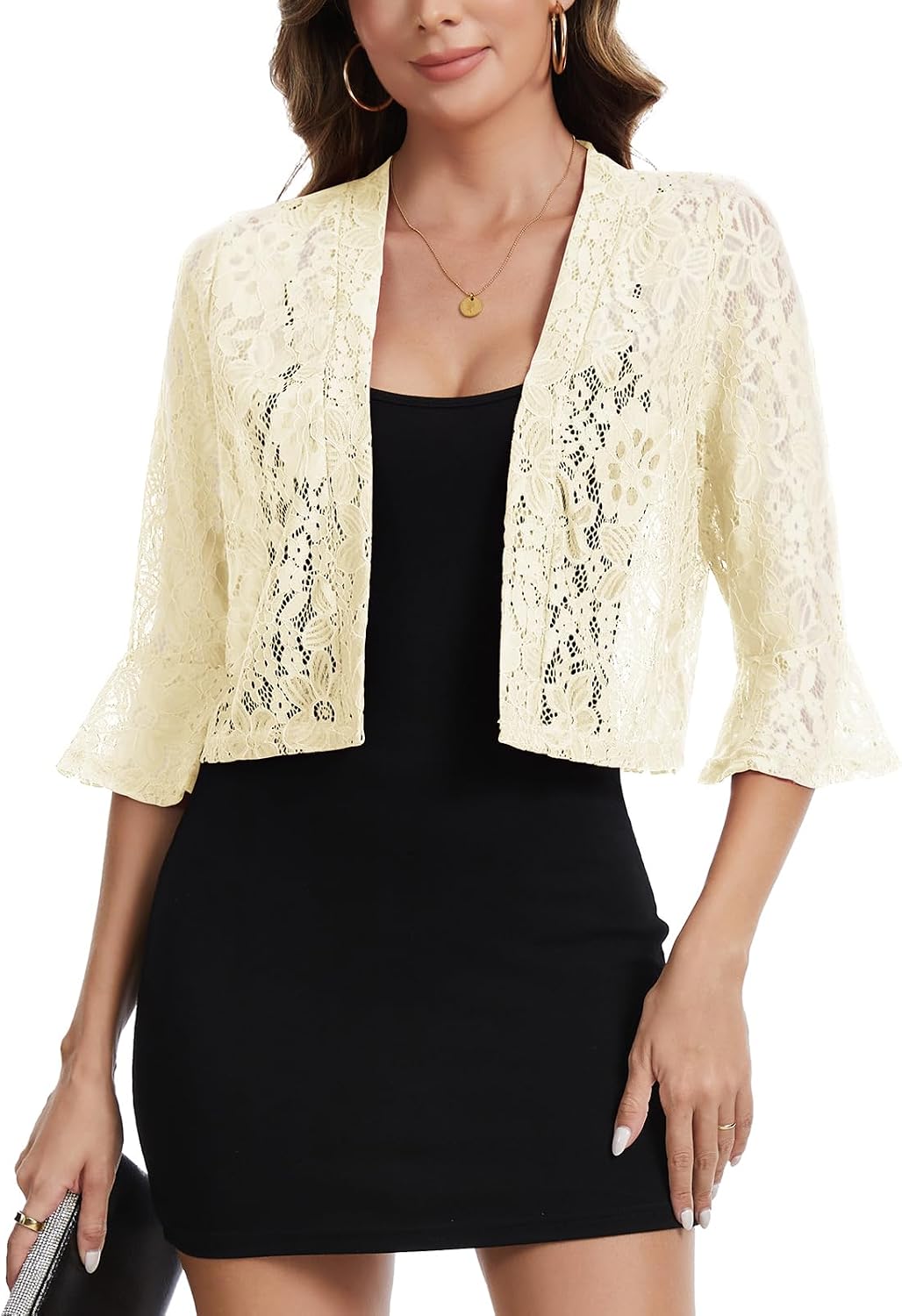 Women's Open Front Lace Cardigan Casual 3/4 Sleeve Bolero Shrugs