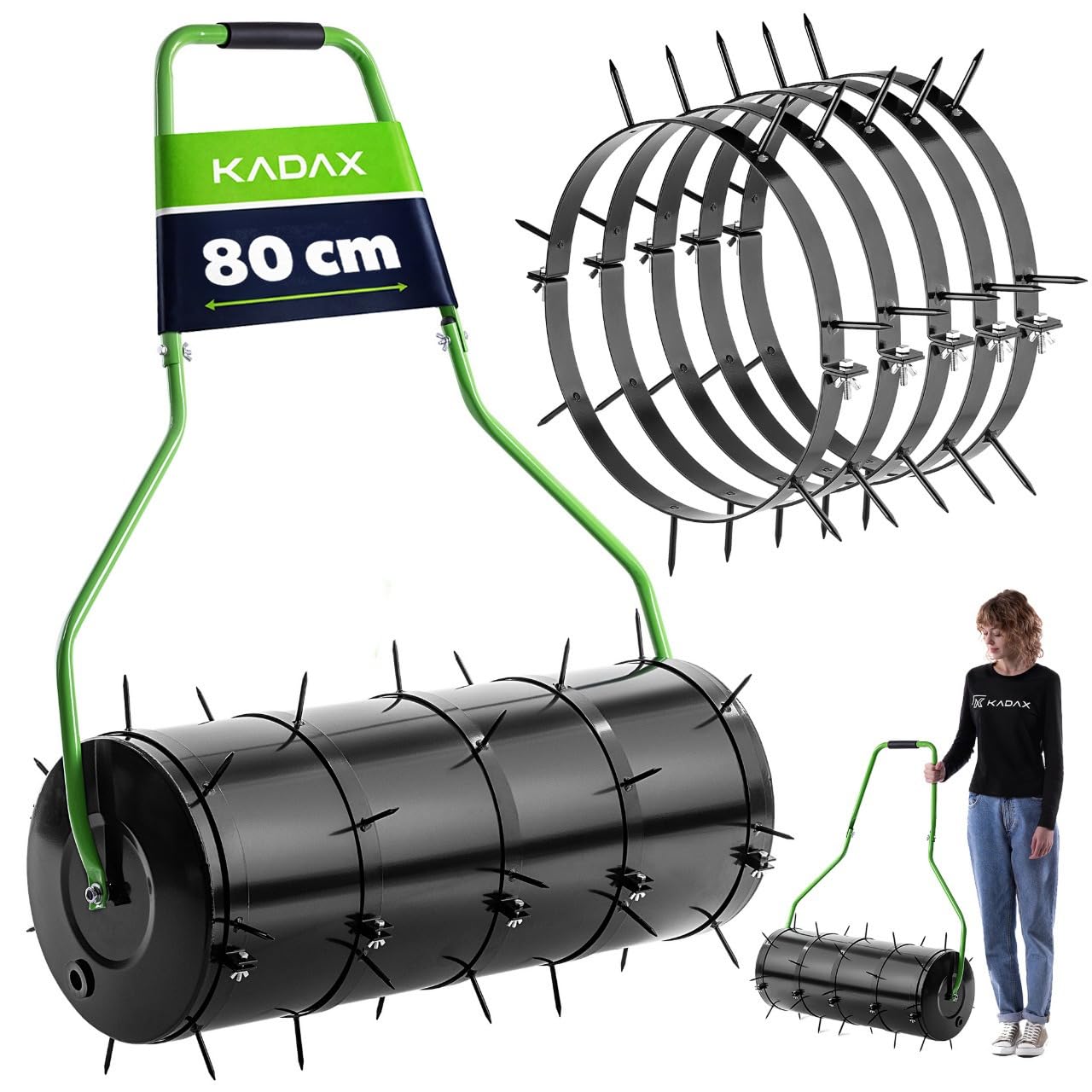KADAX Rasenlüfter Walze 80 cm, Befüllbar mit Wasser oder Sand, Rasenwalze mit 6 cm Nägeln, Rasenbelüfter aus Stahl, Gartenwalze mit Spikes zur effektiven Rasenbelüftung