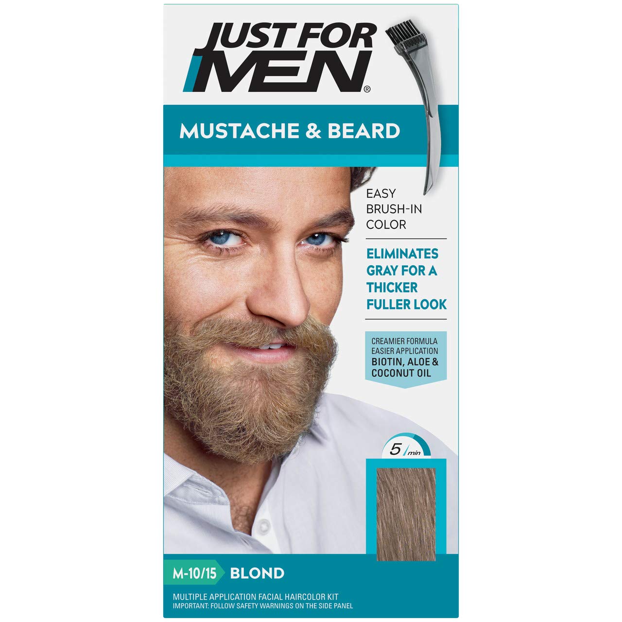 Just For Men Mustache & Beard, Beard Dye for Men with Brush Included for Easy Application, With Biotin Aloe and Coconut Oil for Healthy Facial Hair - Blond, M-10/15, Pack of 1