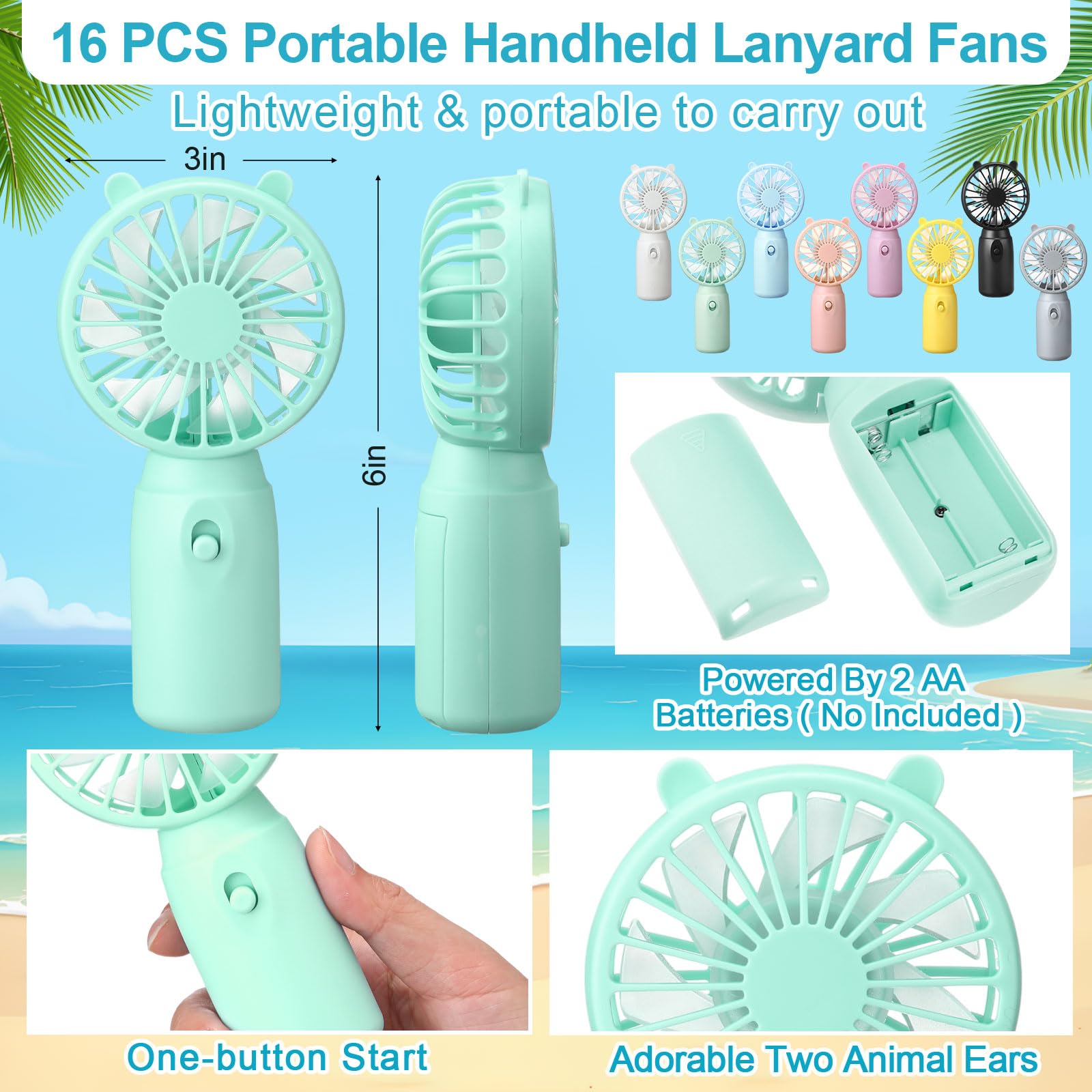 Glooglitter Tragbare Mini-Ventilatoren, batteriebetrieben, mit Umhängeband für Make-up, Wimpern, kühlend, leicht, für Hochzeit, Outdoor, 8 verschiedene Farben, 16 Stück