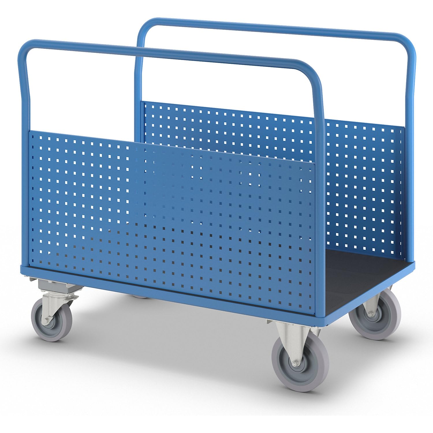 eurokraft pro | Plattformwagen | Mit 2 Lochblechseitenwänden, LxB 1250 x 800 mm, mit Zentralstopp, Vollelastik