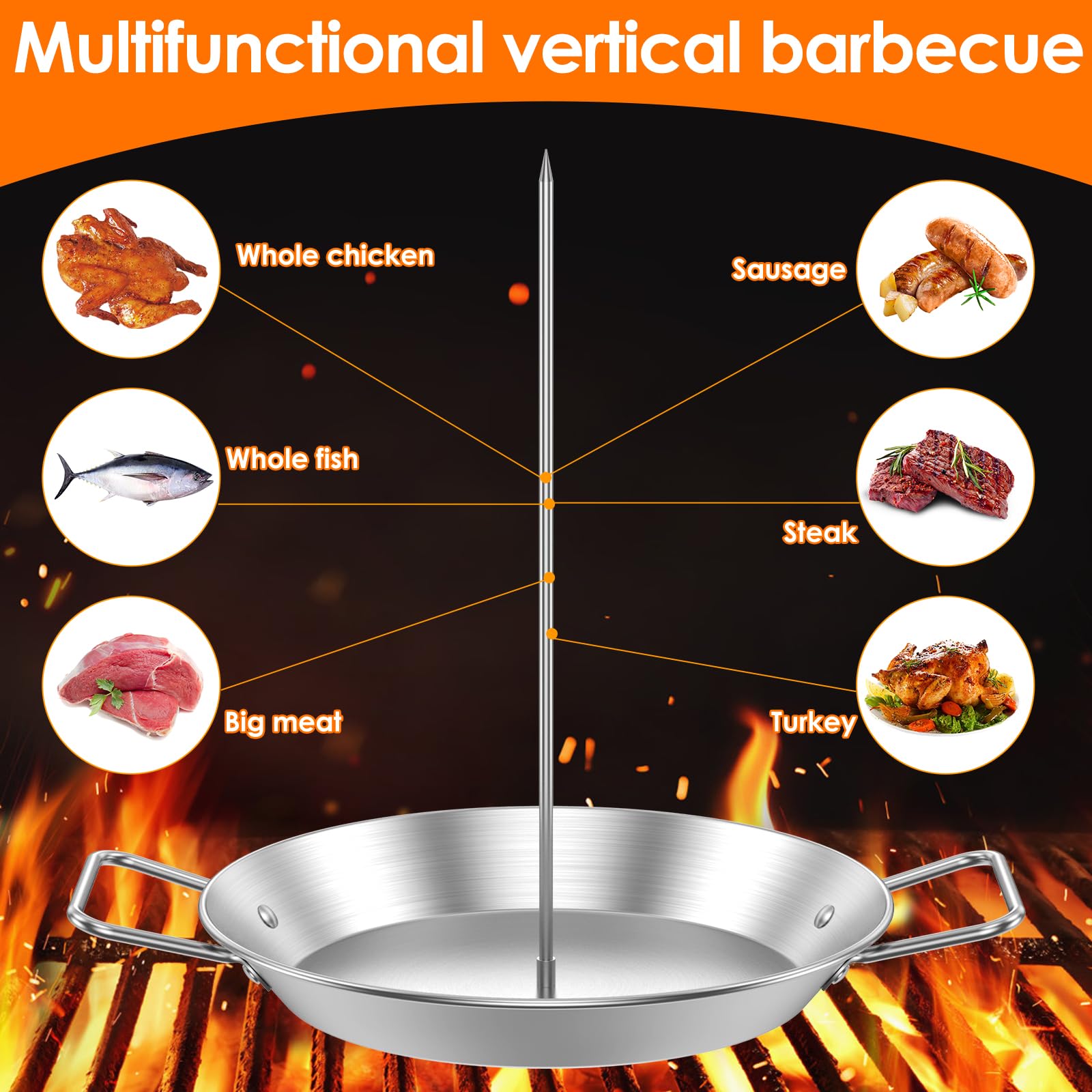 Stainless Steel Vertical Skewer Grill Rack Stand with 8/10/12 Inch Removable Spikes for Whole Chicken Fish, Sausage, Steak - Image 4