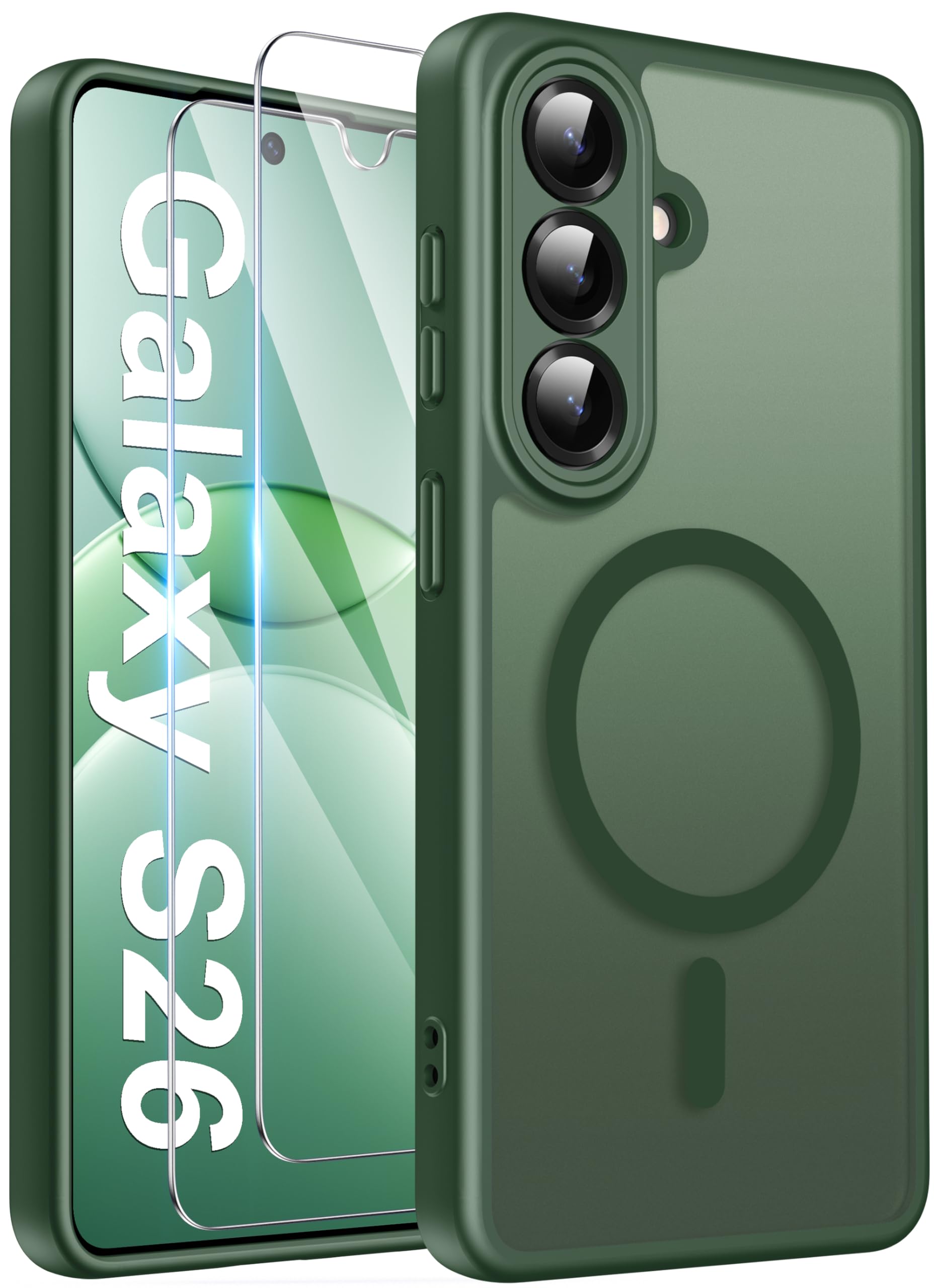 Opkiegrn für Samsung Galaxy S25 5G Hülle, Kompatibel mit MagSafe mit 2 Stück Panzer Schutz Glas Folie, KameraSchutz Folie Stoßfest Kratzfest Transluzente Matt Handyhülle für Samsung S25, Grau