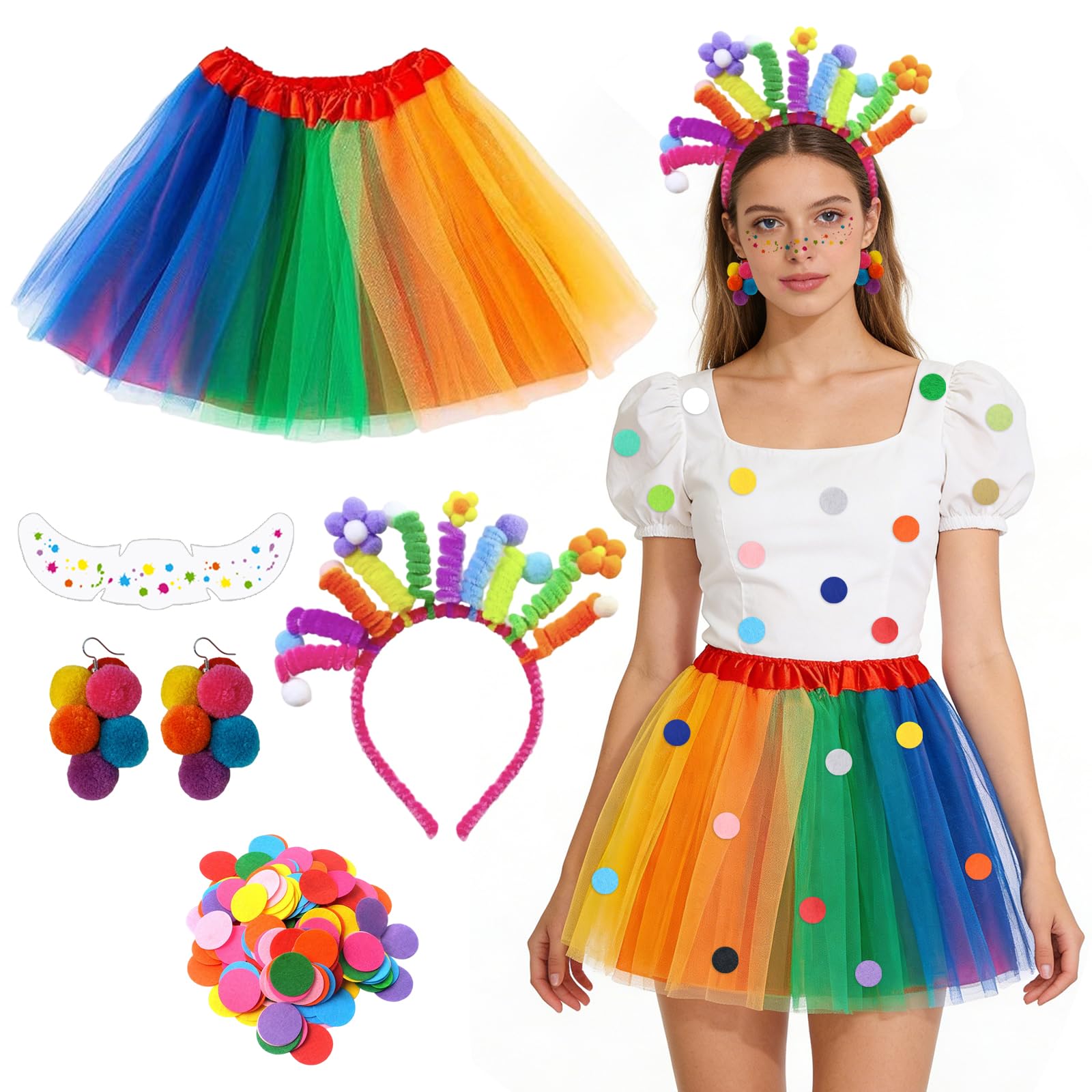 MLPKOI Rainbow Costume for Women, Rainbow Tutu Skirt, Headband, Earrings, Face Stickers, Accessories Felt Colorful, Fancy Dress Party Accessories Set for Halloween Carnival Cosplay Party