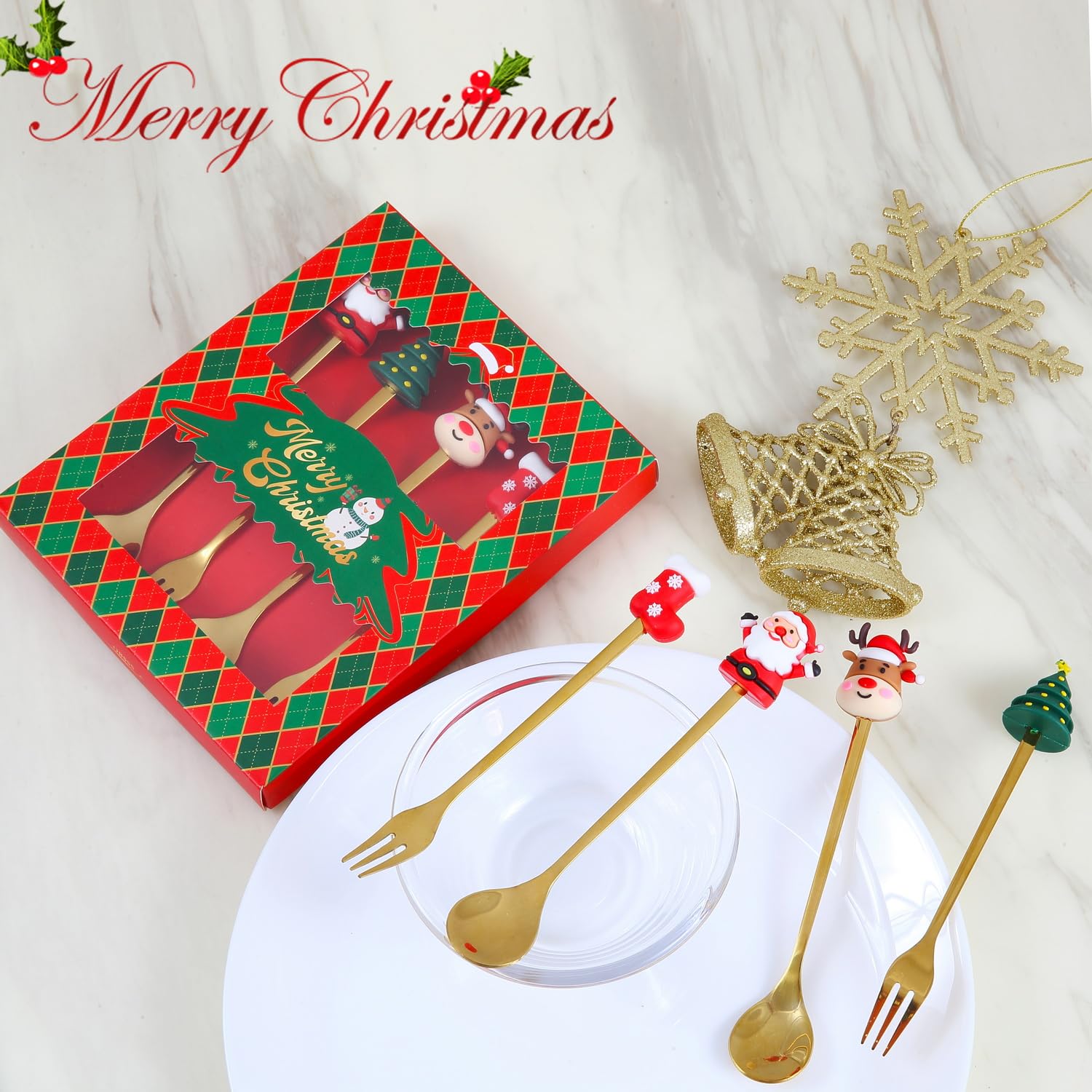4Pack Stainless Steel Christmas Coffee Spoon and Xmas Dinner Forks Set -Dessert Fruit Ice Cream Iced Tea Spoon, Cake Forks - Gifts for Christmas Party Supply