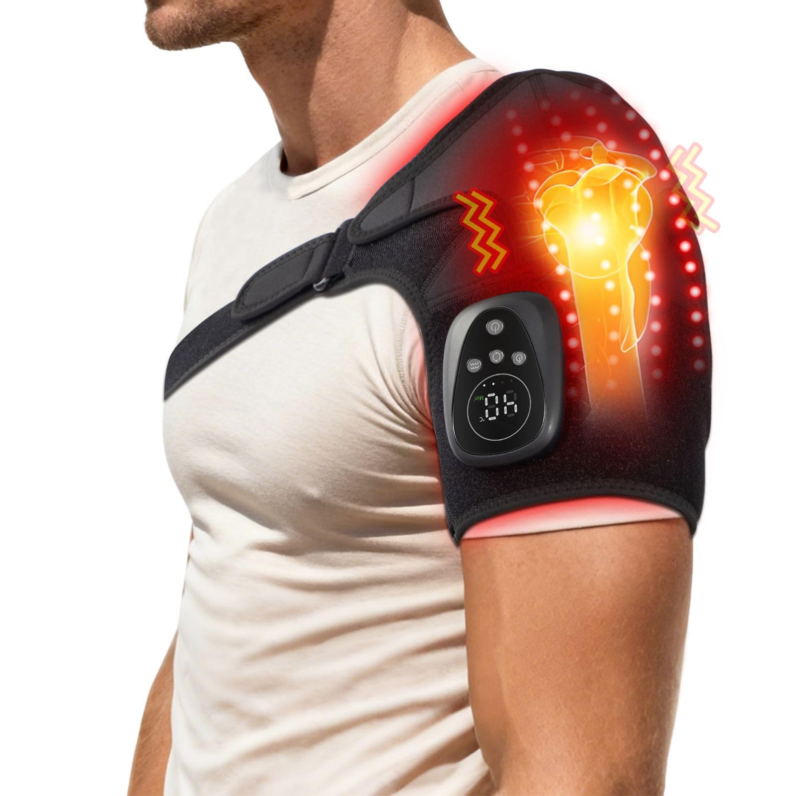 Red Light Heated Shoulder Wrap with Massage Cordless Shoulder Heating Pad for Rotator Cuff Pain Relief Rechargeable Shoulders