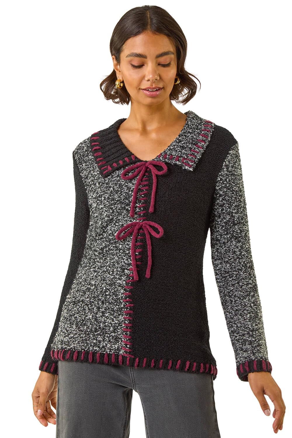 Roman Women's Charcoal Collared Textured Stitch Knit Size 12