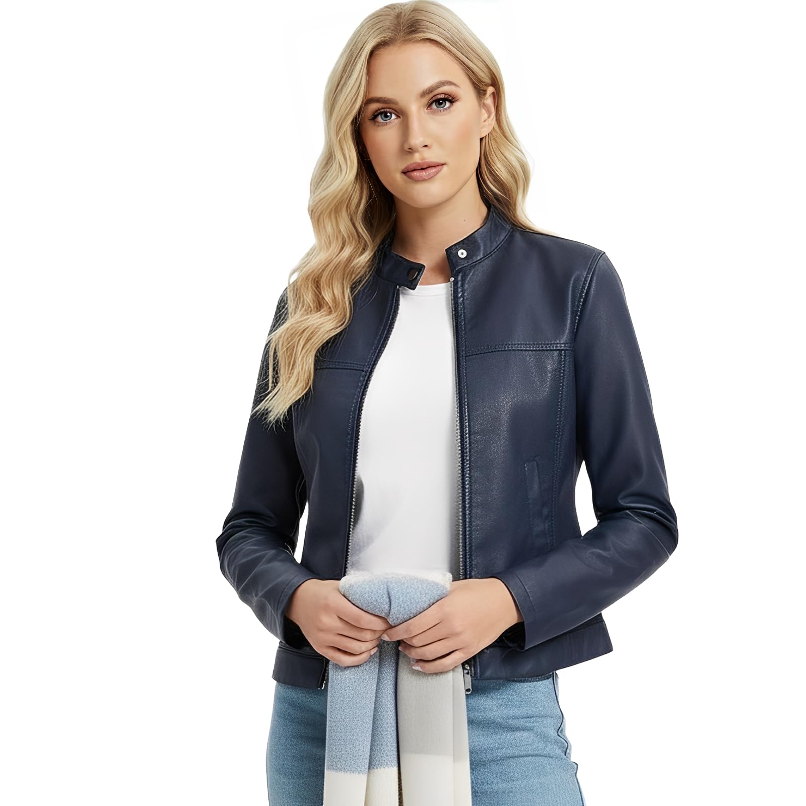 Women's Faux Leather Motorcycle Jacket Casual Zip-Up Biker Trendy Coat with Pockets