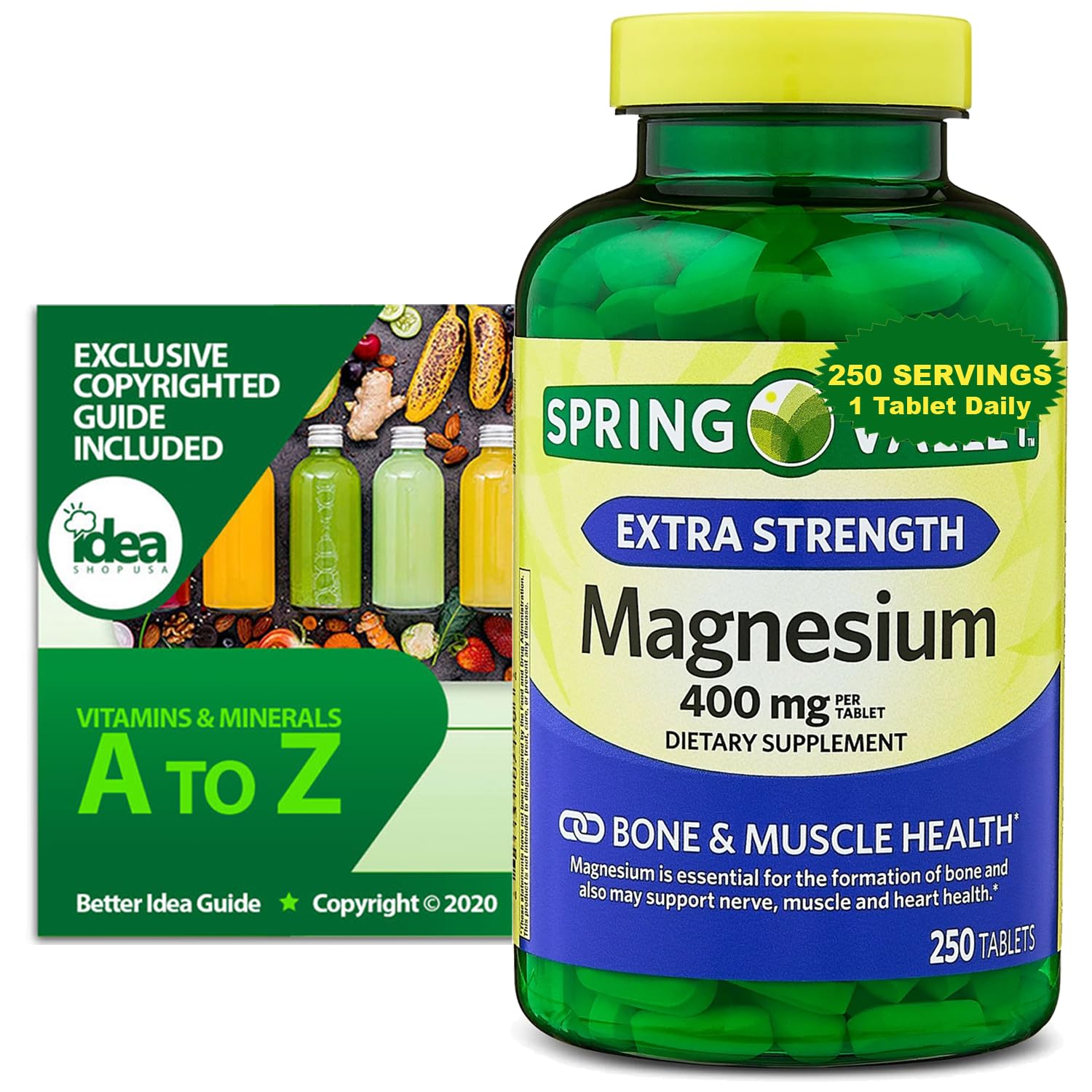Magnésio 400mg Extra Forte – Suporte para Nervos, Músculos e Coração, 250 Tabletes, Sem Glúten, Fórmula Diário – Pacote com Vitaminas e Minerais - A a Z - Guia Melhor Ideia