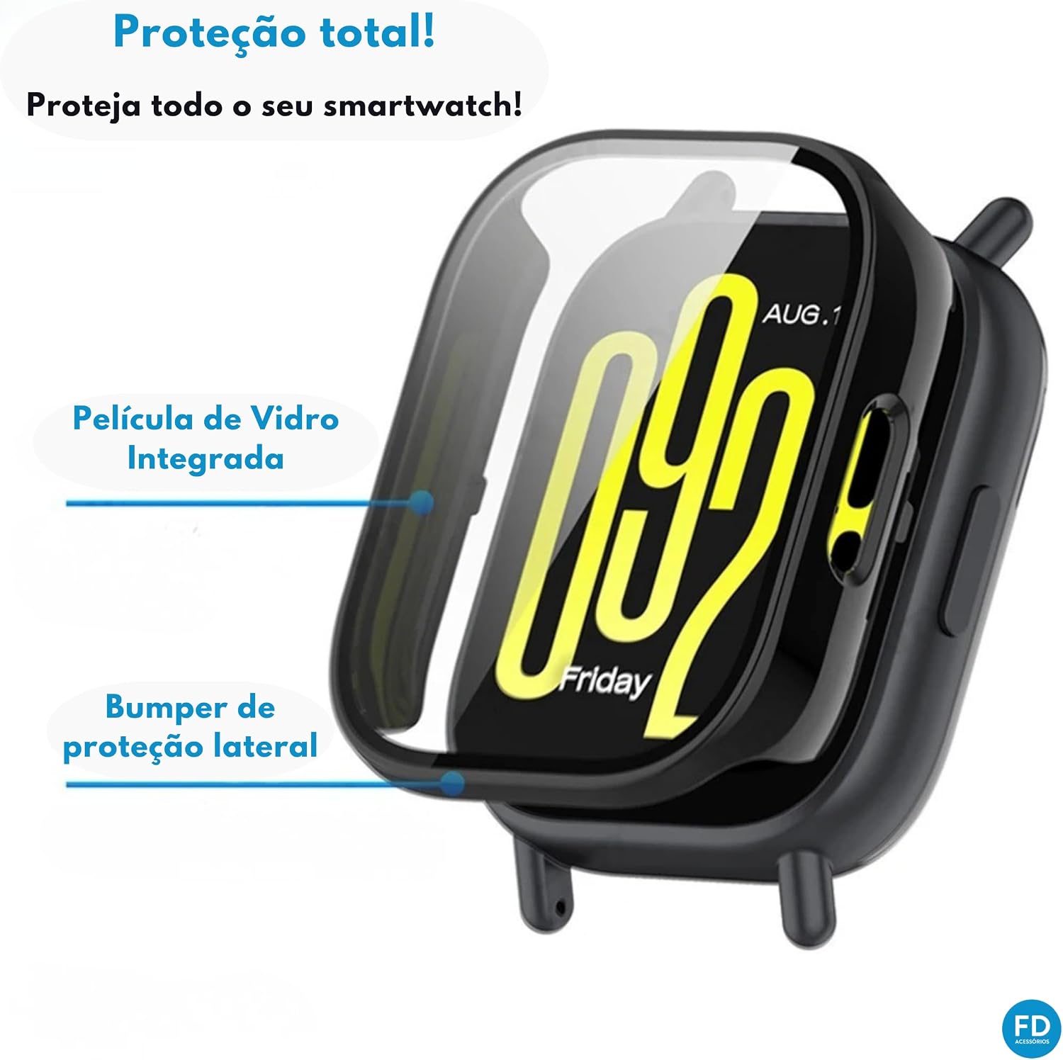 Case Bumper Capa para Redmi Watch 5 Active com Película Anti Impacto Encaixe Perfeito – FD Acessórios (Preto)