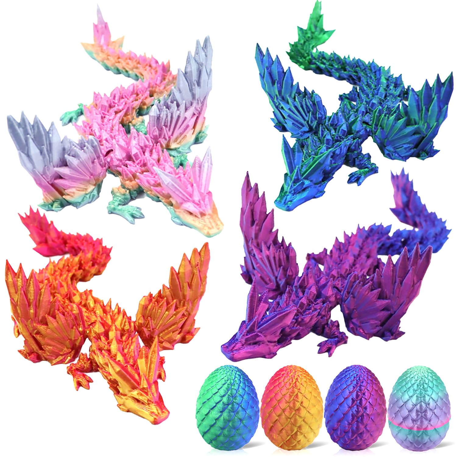 Easter Toys Basket Stuffers 4pcs 3D Printed Dragon Egg Toy, Full Dragon 3D Crystal Easter Egg with Detachable Eggshell Fidget Toys for Kids, Fidget Gift for Adults Stress Relief Autism ADHD