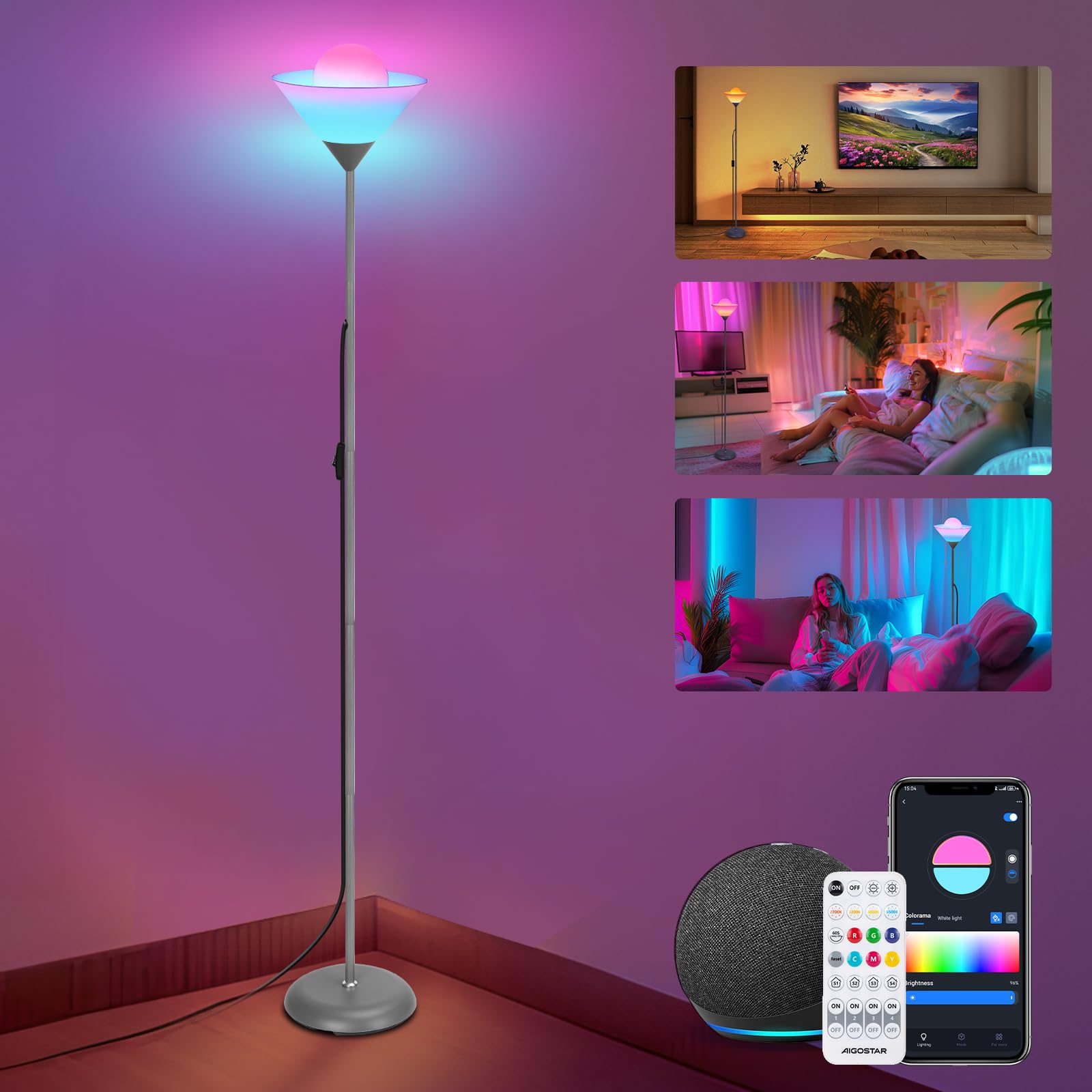 Aigostar Lampara de Pie Inteligente E27 G120 Bluetooth Mesh Compatible con Alexa, 18W Lampara de Pie RGB Gradiente & 6500K, Regulable 16 Millones de Colores, Incluye Control Remoto, 175cm