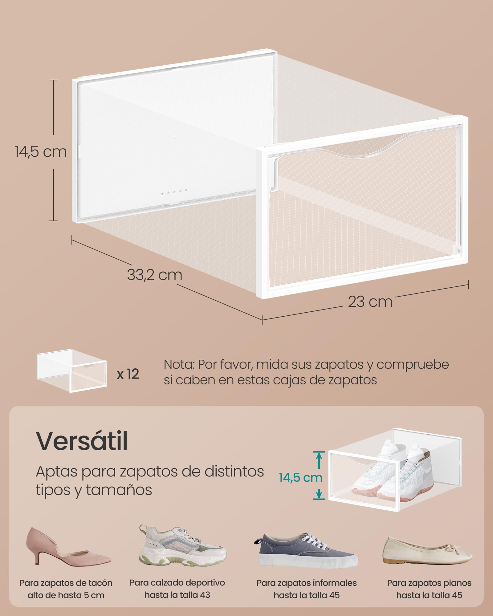SONGMICS Cajas para Zapatos, Organizador de Zapatos de Plástico, con Puerta, Transparente, Juego de 12, Apilable, 33,2 x 23 x 14,5 cm, para Zapatos hasta 43, Transparente y Blanco Nube LSP312W01