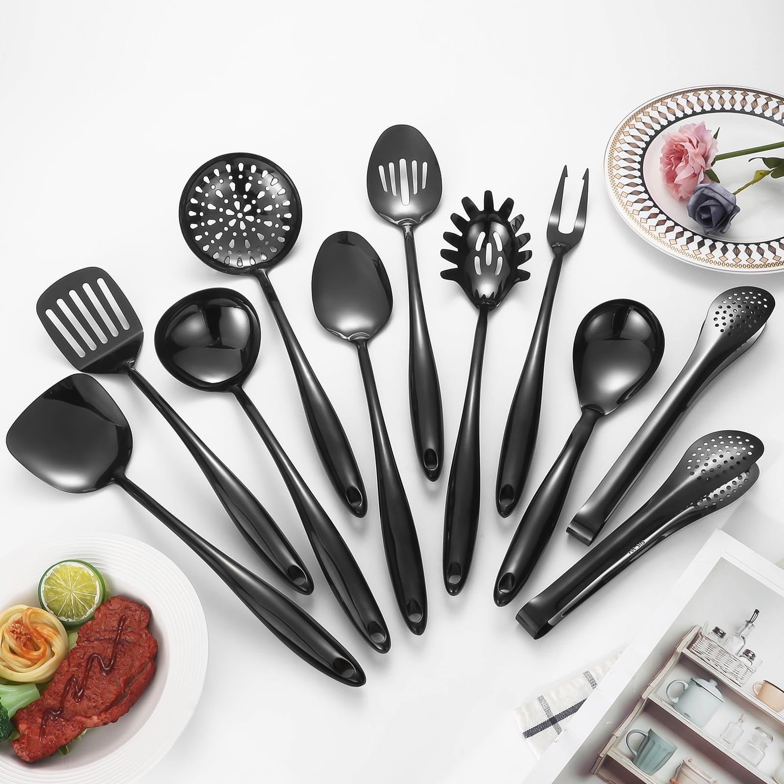 Juego de utensilios de cocina de acero mate 304 Stainlss, 11 piezas de utensilios de cocina de metal largo con espátula, cucharón, cuchara, skimmer, tunner, servidor de pasta, pinzas (negro, apto para