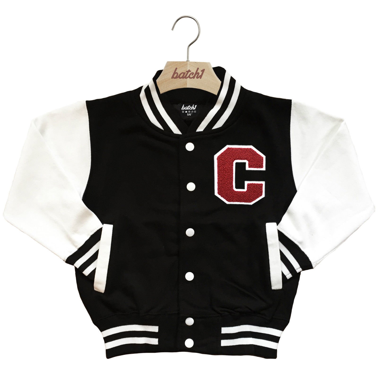 Batch1 Kids Varsity Baseball Jacket Personalised With Genuine Us College Letter C (9-11 Years, Black)
