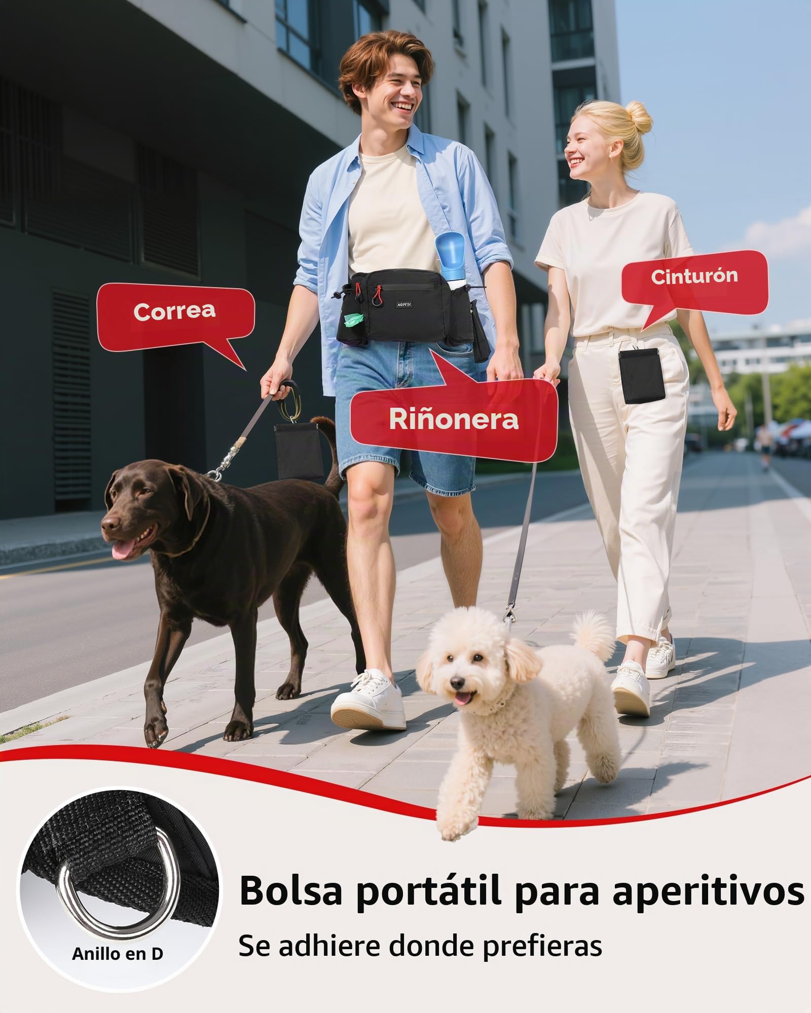 AGPTEK Bolsas de Golosinas para Perros, Riñonera Impermeable de Gran Capacidad con Bolsa Premios Perro Desmontable, Porta Botellas de Agua, Dispensador de Bolsas para Excrementos, Negro