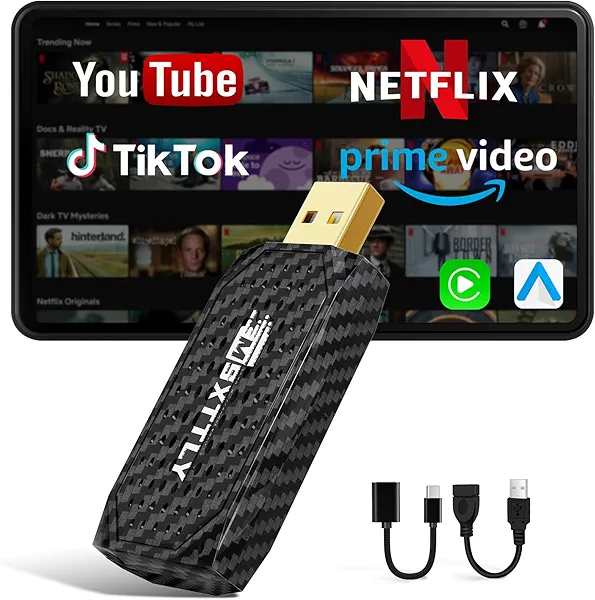 MSXTTLY Streaming Box for Netflix/YouTube/TikTok/Prime Video, Carplay Android Auto Wireless Adapter, Car Stream Dongle, for iPhone iOS10+ & Android 11.0+, ONLY for Cars with Wired CarPlay, Black