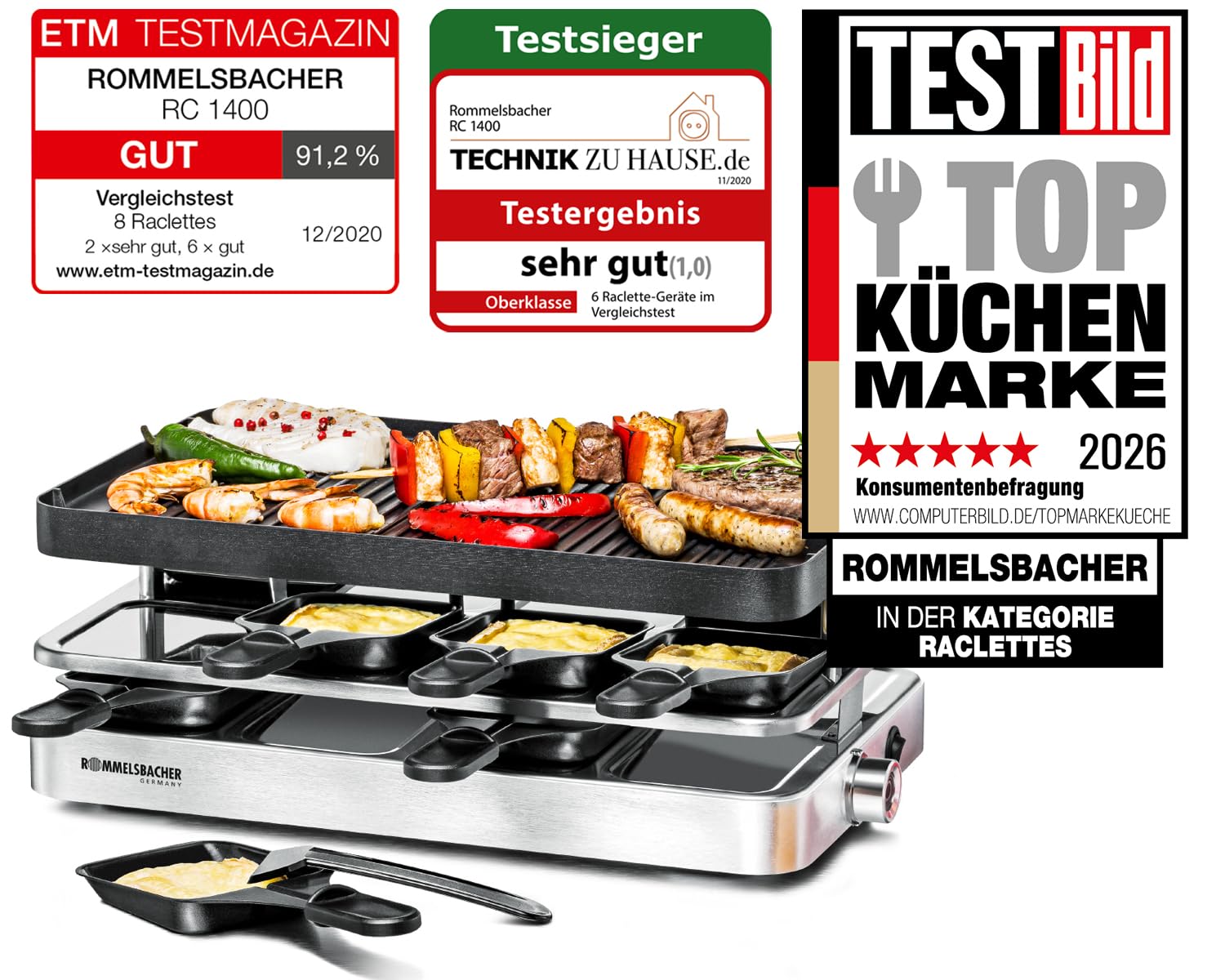 ROMMELSBACHER Raclette Grill RC 1400 - Wendeplatte zum Grillen & für Crepes, 8 Pfännchen, Antihaftbeschichtung, Ein/Ausschalter, stufenlose Temperaturregelung, Edelstahl, 1200 W