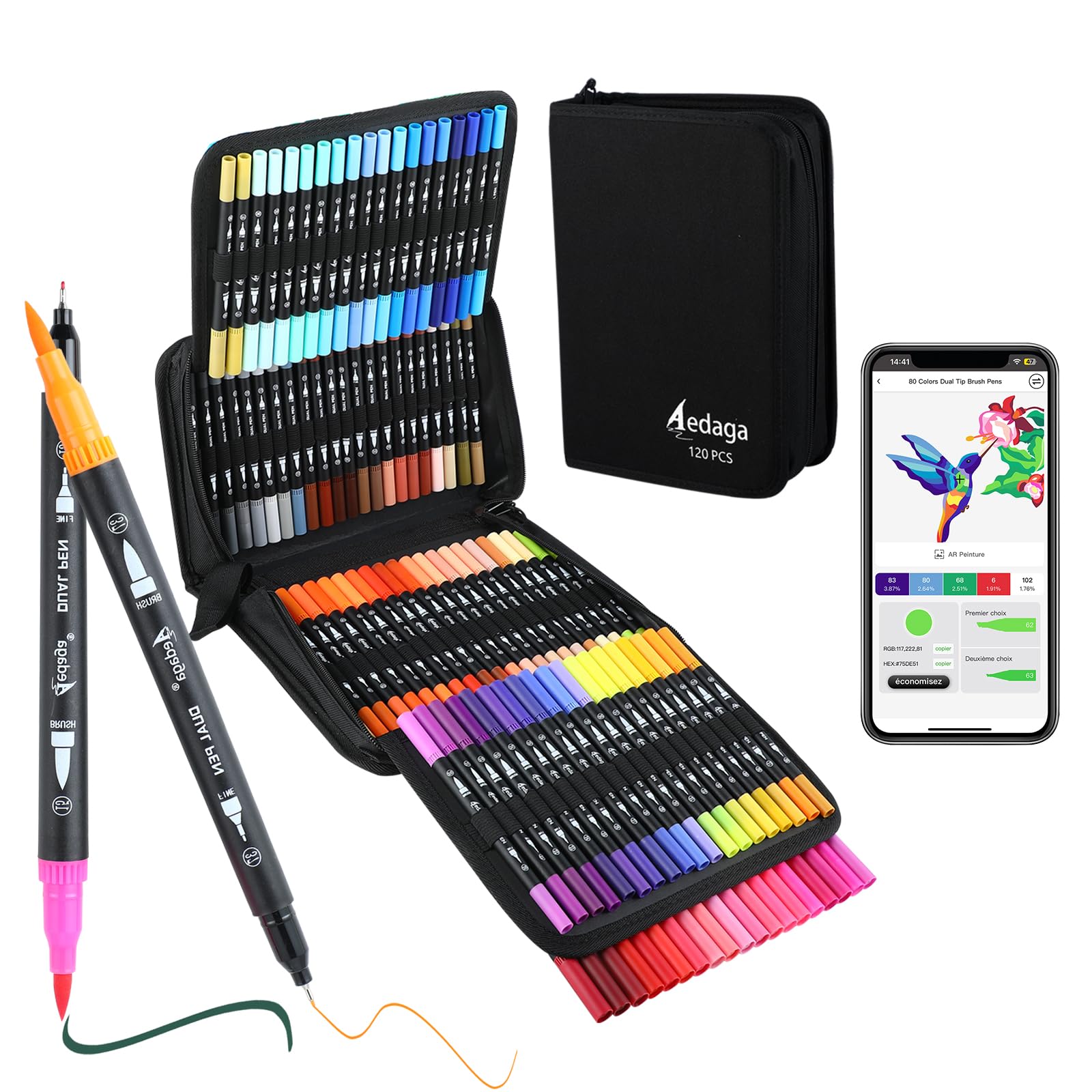 AEDAGA 120 Couleurs Feutres Coloriage Adulte avec App, Feutre Aquarelle