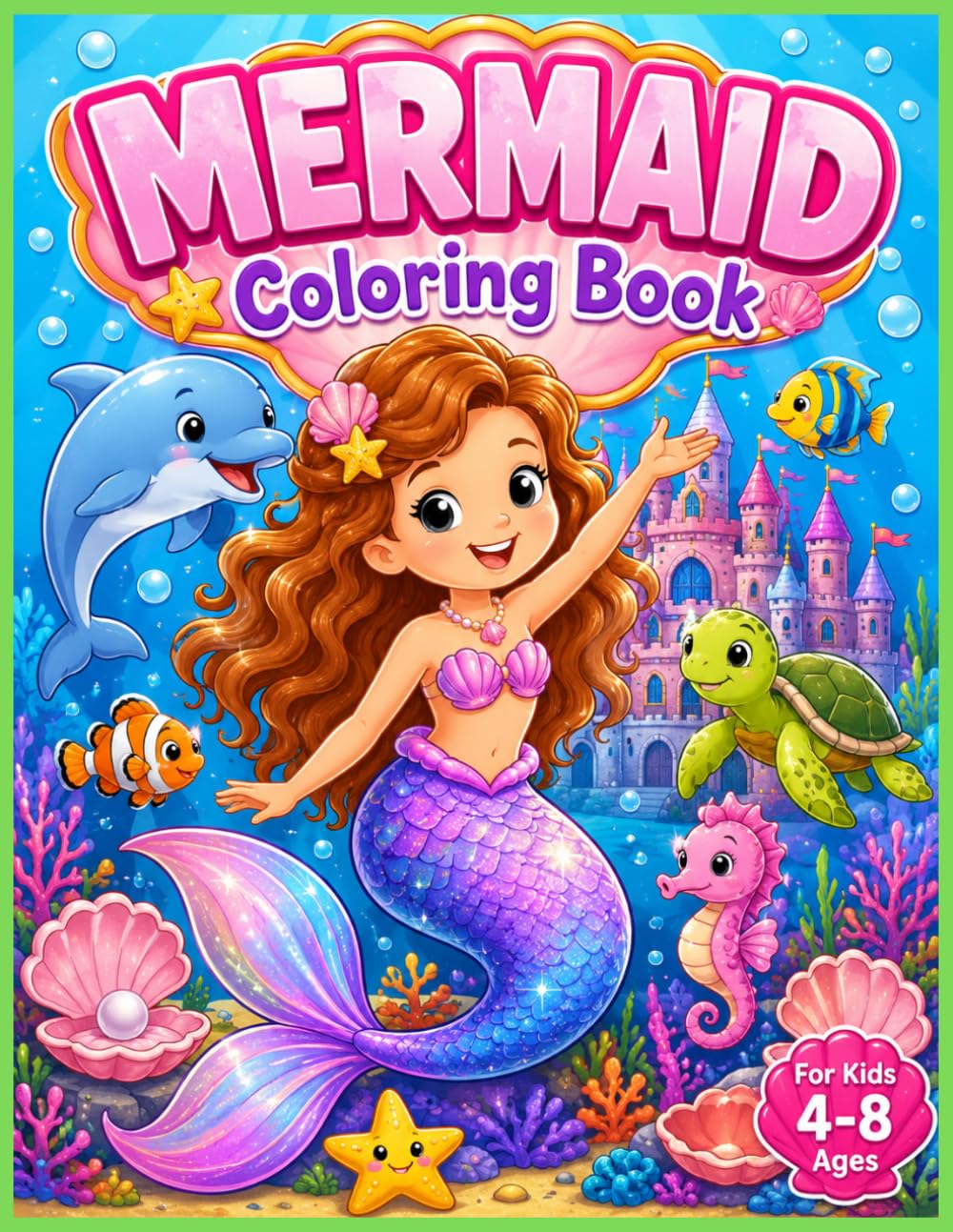Mermaid Coloring Book for Kids Ages 4–8: 30 Magical Underwater Adventures Featuring Mermaids, Dolphins, Sea Turtles, Treasure Chests, Castles, and Ocean Friends