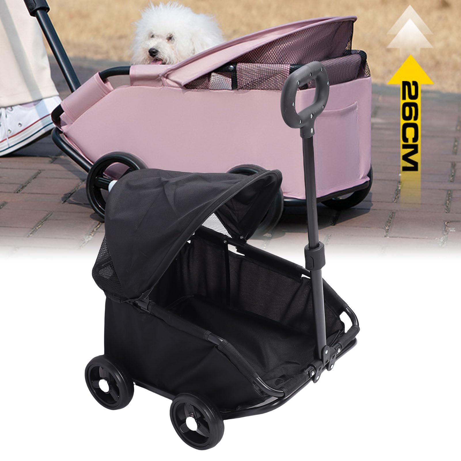 VBESTLIFE Passeggino per Animali Domestici Pieghevole Leggero, Design a 4 Ruote con Tettuccio Parasole e Carrello per Animali Multifunzionale Pieghevole con una Sola Mano per Cani di (BLACK)