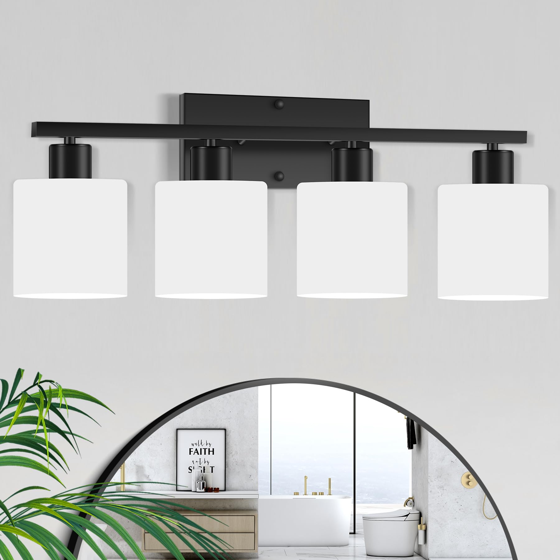 CANMEIJIA 4-Light Bathroom Vanity Light Fixtures, Matte Black Vanity Wall Scones Lighting for Bedroom Living Room, Modern Vanity Lights with Milky White Glass Shades, E26 Socket, Bulbs Not Included