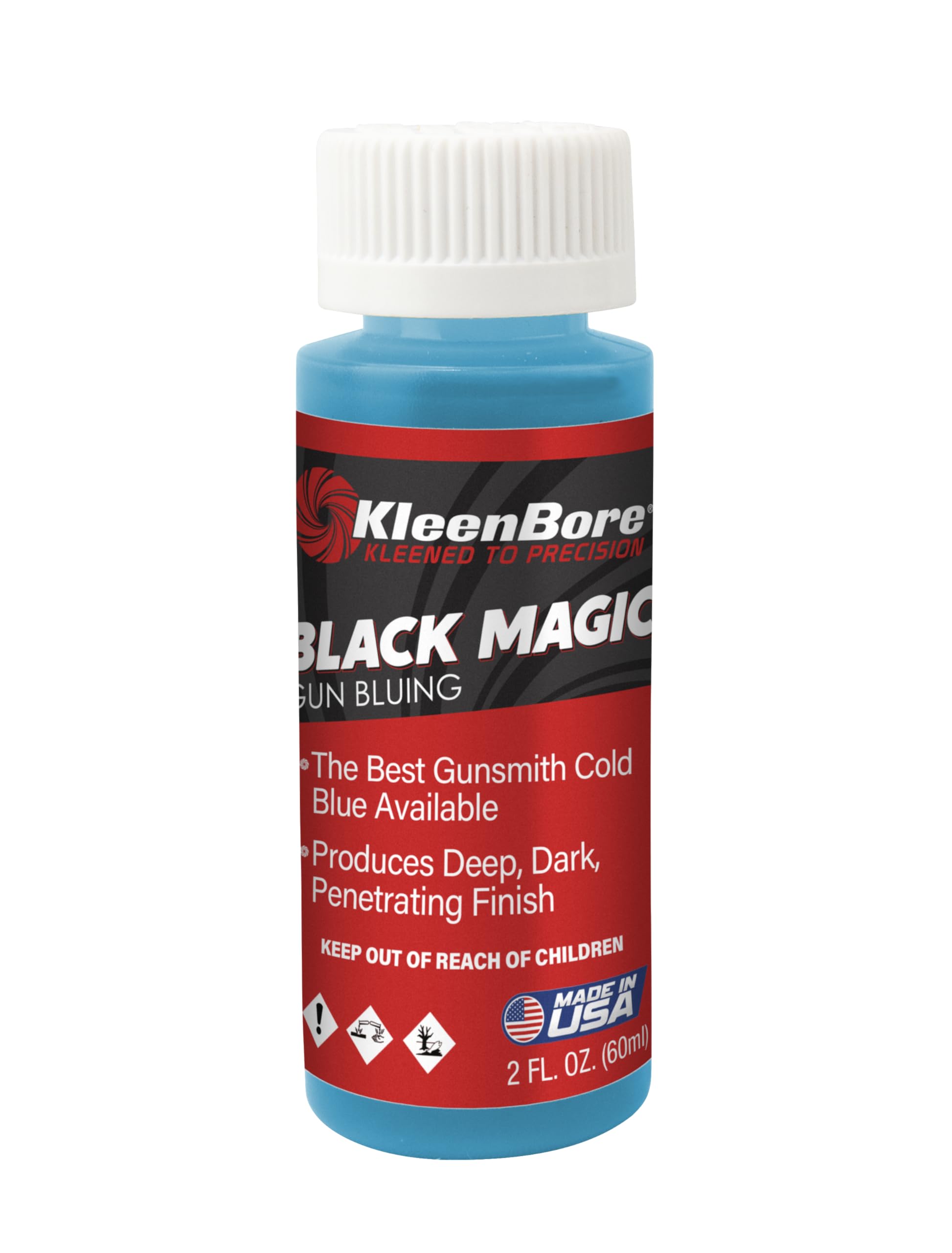 Kleen-Bore Black Magic 2oz (60ml): Cold Bluing Gun Cleaner for Restoring Metal Finish – Hunting Essentials for Gunsmithing Tools & Gun Cleaning – Made in USA, Used by Pros