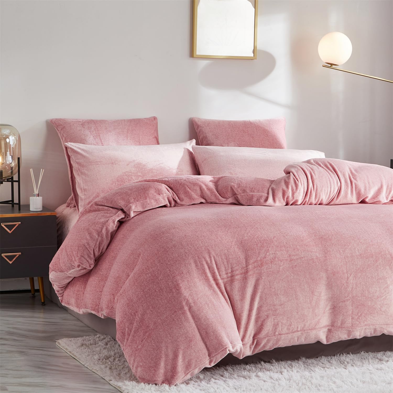 Set copripiumino in morbido velluto, rosa cipria, per letto queen size, autunno inverno, morbida e calda, per ragazze, rosa, 228,6 x 228,6 cm, lussuoso e accogliente pile felpato, set