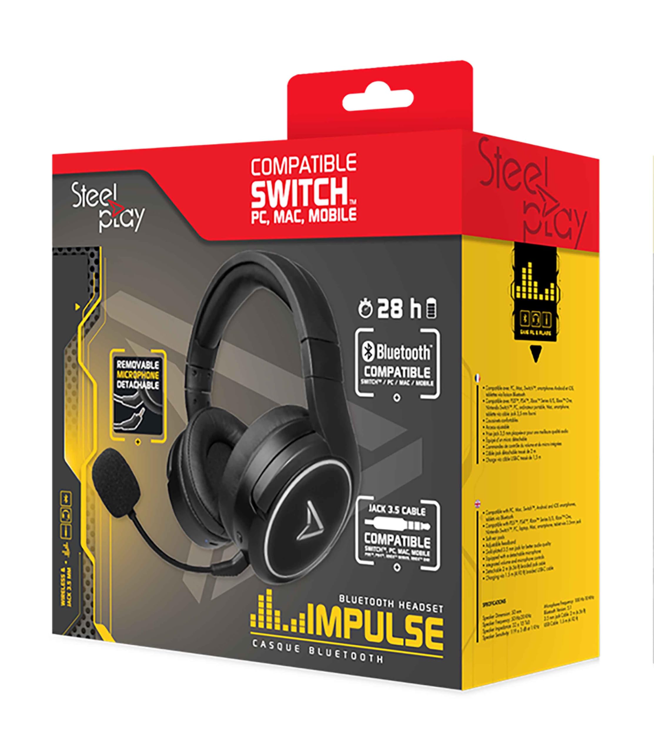 Steelplay Impulse - Casque Gaming sans Fil - PC/Switch/Mobile (Bluetooth) et PS4/PS5/Xbox One & Series (Jack 3.5mm) - Micro détachable, Batterie 28h, Léger, Confortable, Commandes intégrées, Noir
