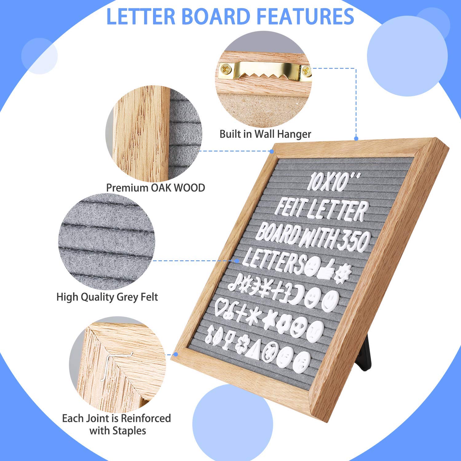 Feltro Letter Board 25x25 cm, Feltro Retro in 350 Pezzi Alfabeto Decorativo Lettere con Gancio in Metallo per Appenderla al Muro e Decorazioni per Interni, Grigio