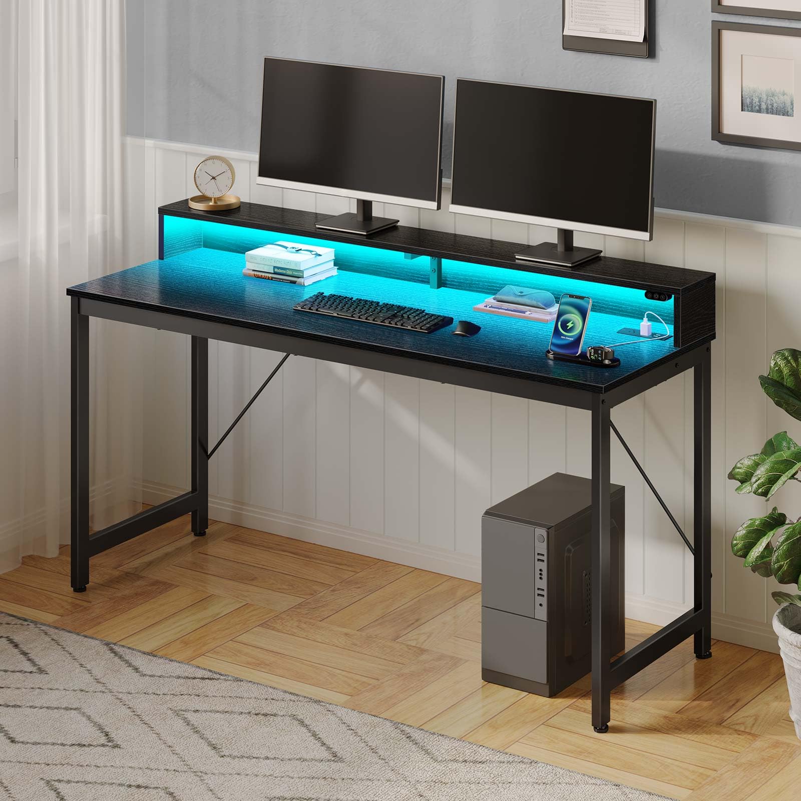 Rolanstar Computer Desk 55 inch with LED Lights & Power Outlets, Home Office Desk with Monitor Shelf, Gaming Desk, Writing Desk, Study Desk for Student & Kids, Black