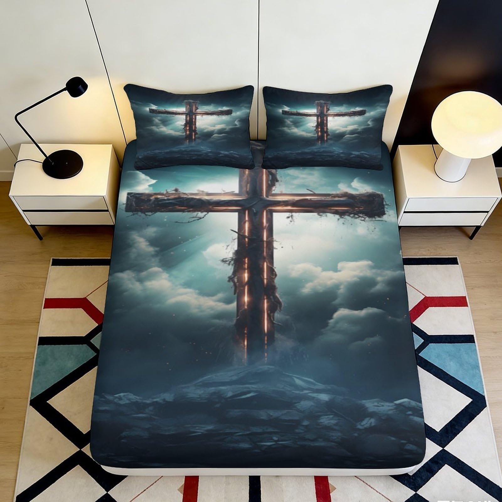 3D Printed Dark Cross Fitted Sheet Microfiber Soft Breathable Stormy Sky Bed Cover for Bedroom Dormitory Guest Room Mattress Protection Decor 140x200x25cm
