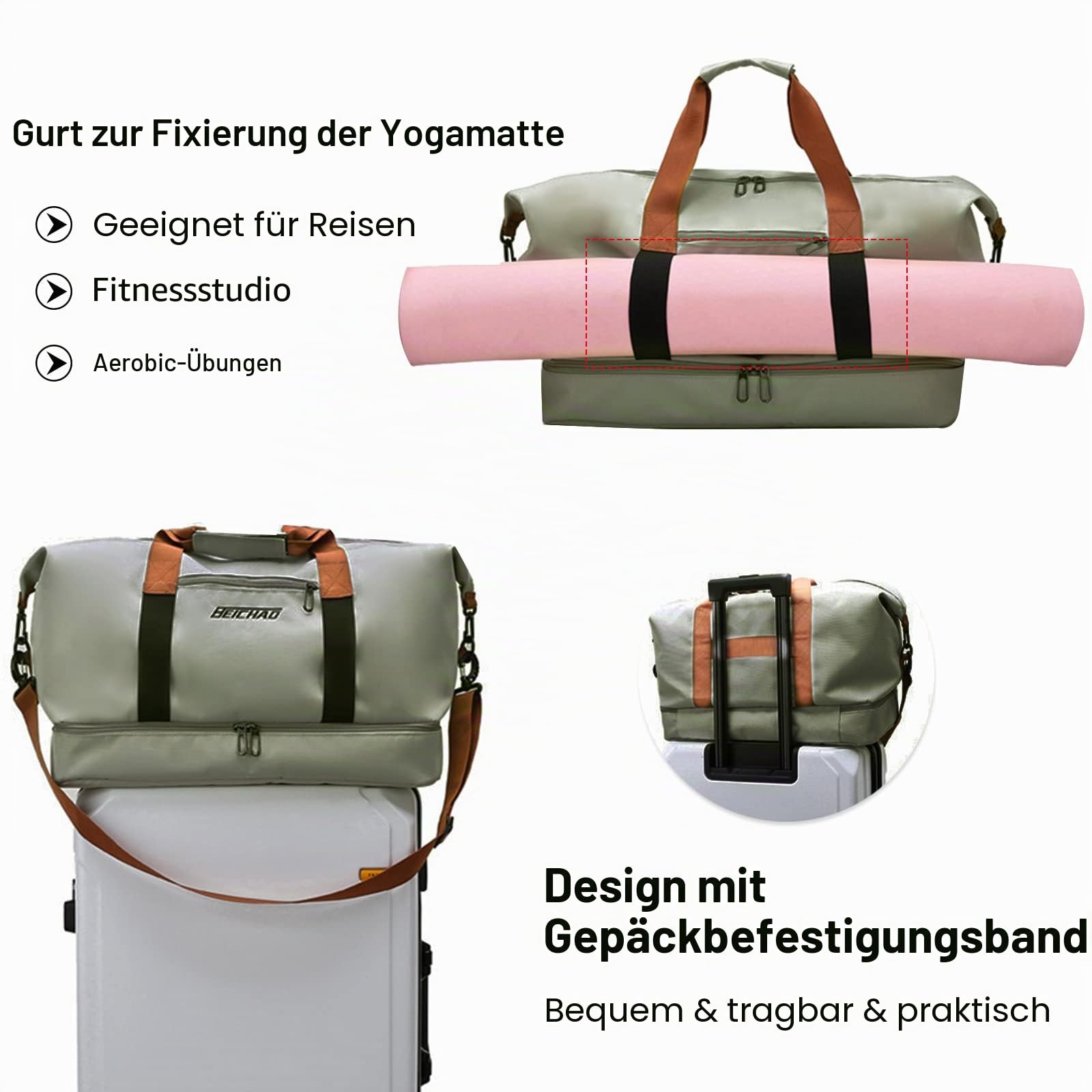FANDARE Reisetaschen Handgepäck Duffel Tasche Sporttasche Übernachtung Sporttasche Tote Handtasche Damen Herren Weekender Tasche Kliniktasche Schwimmtasche Trainingstasche mit Schuhfach Khaki