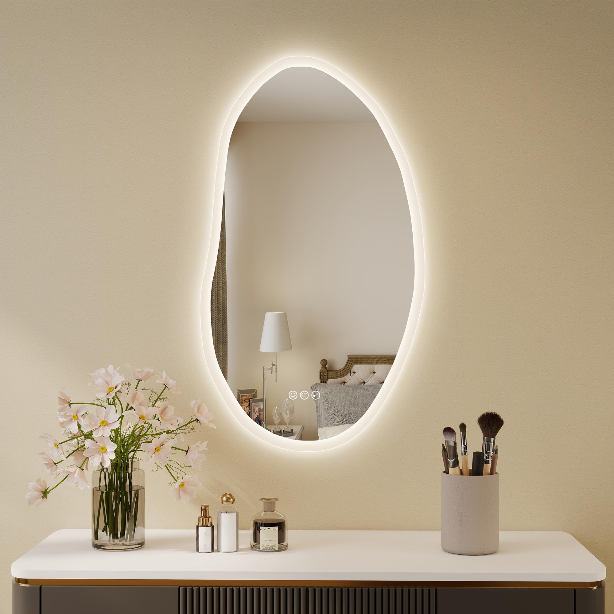 S'bagno Irregular Bathroom Mirror with Lighting 40 x 70 cm, Bathroom Mirror with Lighting and Bluetooth, De-fogging, 3000K/4000K/6500K, Dimmable, IP44 with Memory Function, Horizontal/Vertical