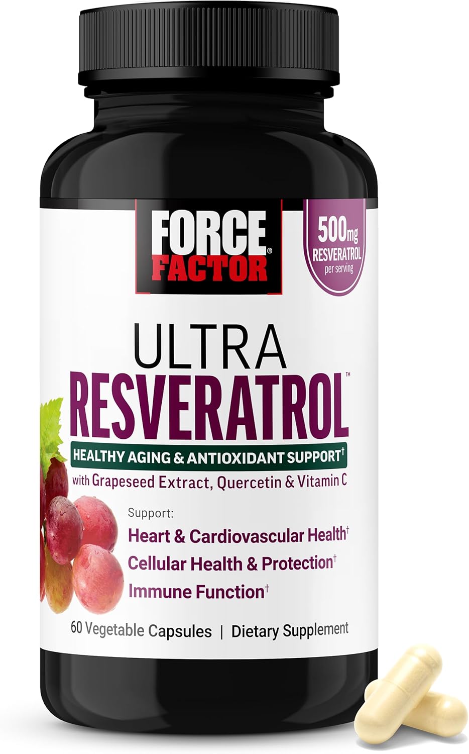 Force Factor Ultra Resveratrol, 500mg Trans-Resveratrol with Grapeseed Extract, Quercetin & Vitamin C, Antioxidant Supplement for Healthy Aging & Cellular Protection, 60 Capsules